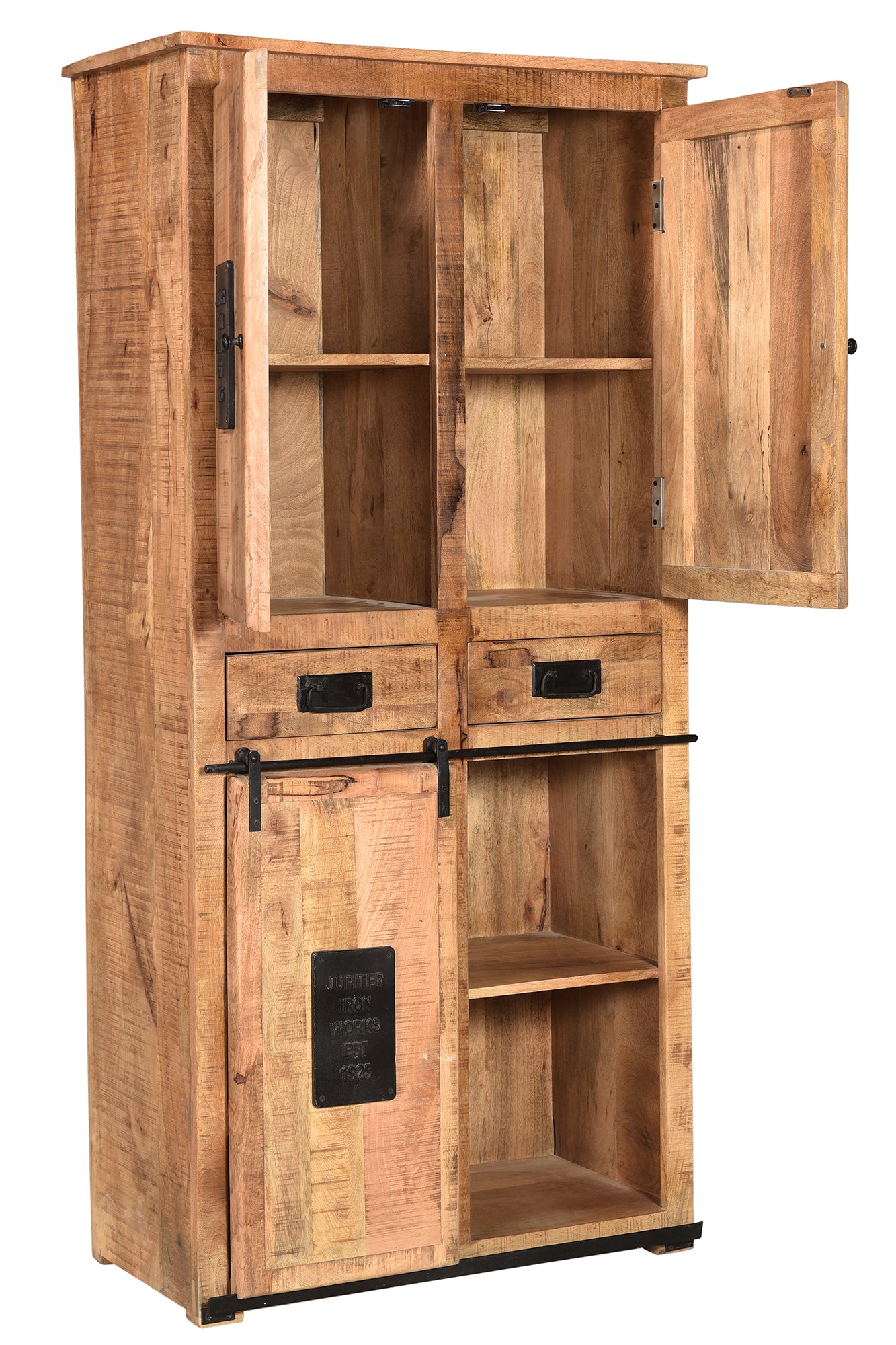 Schrank 2 Tueren 1 Schiebetuer 5 Schubladen hinter den Tueren je 1 fester Boden Fachmasse 345x36x345 cm
