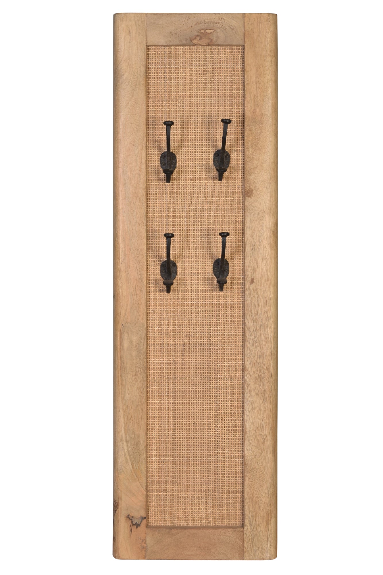 Garderobenpaneel 4 Metall Doppel-Haken Holzrahmen mit Rattan-Einsatz