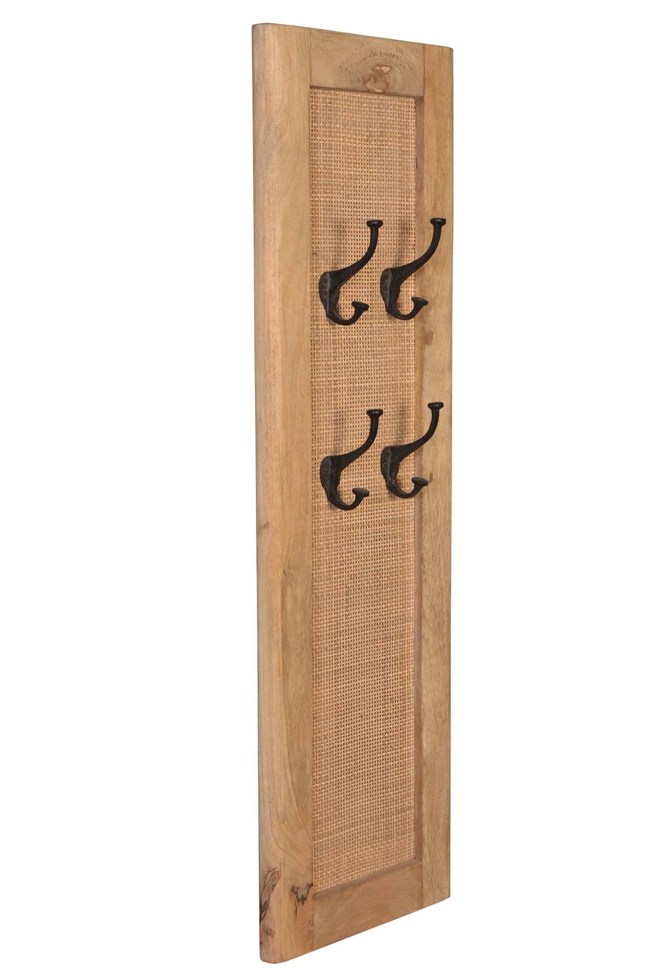 Garderobenpaneel 4 Metall Doppel-Haken Holzrahmen mit Rattan-Einsatz
