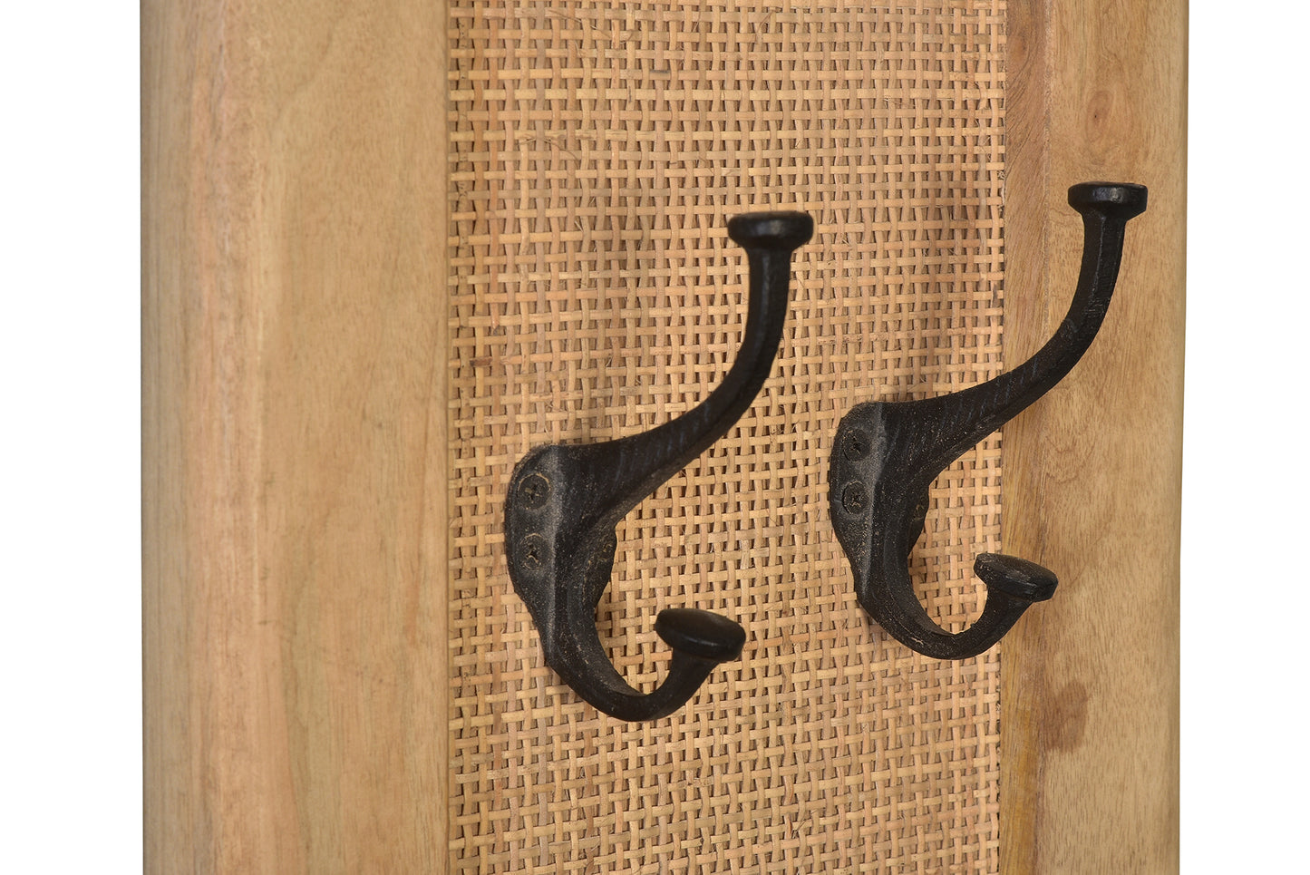 Garderobenpaneel 4 Metall Doppel-Haken Holzrahmen mit Rattan-Einsatz