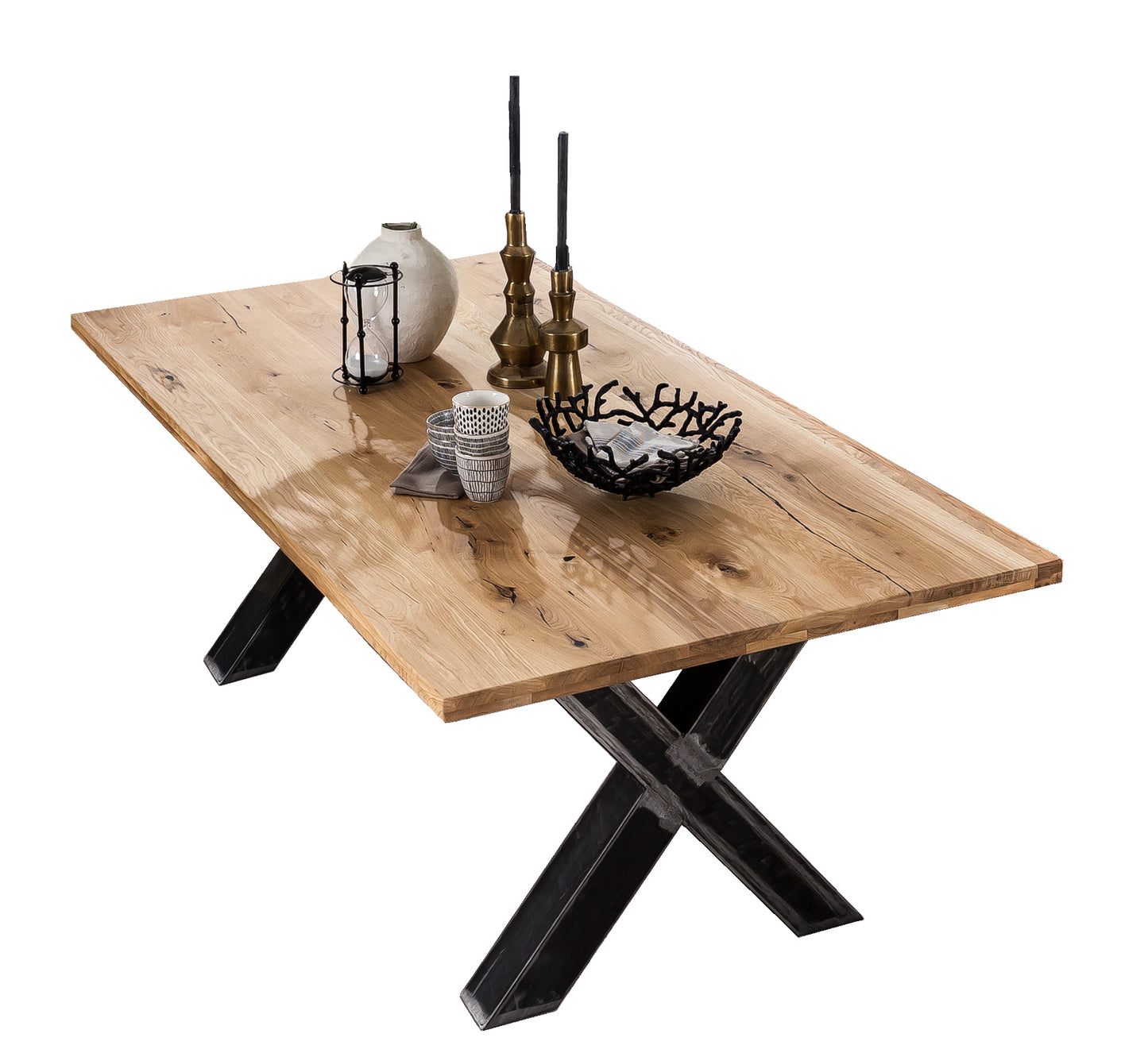 Tisch 200x100 cm Platte Wildeiche X-Gestell im Used-Look Plattenstaerke 20 mm auf 40 mm aufgedoppelt Abstand zwischen den Beinen  130 cm Rohr 10 x 10 cm Wandstaerke 14 mm untere Hoehe der Kreuzung 28 cm obere Hoehe 45 cm