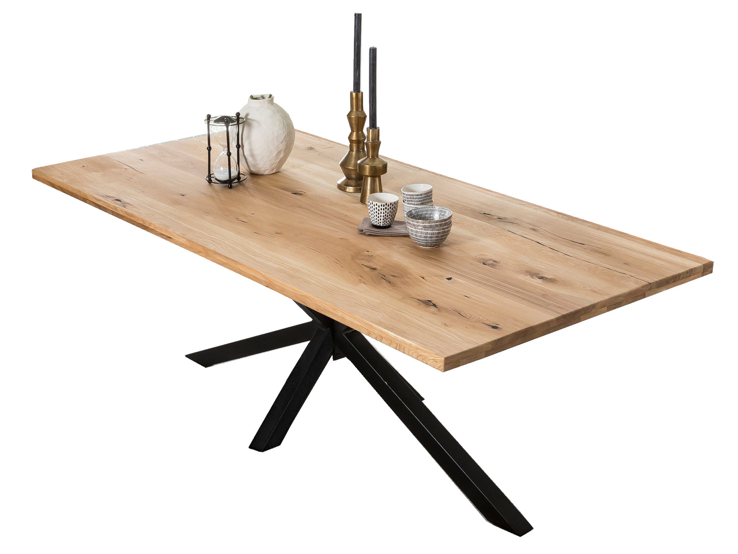 Tisch 200x100 cm Platte Wildeiche mit schwarzem Stern-Gestell Plattenstaerke 20 mm auf 40 mm aufgedoppelt