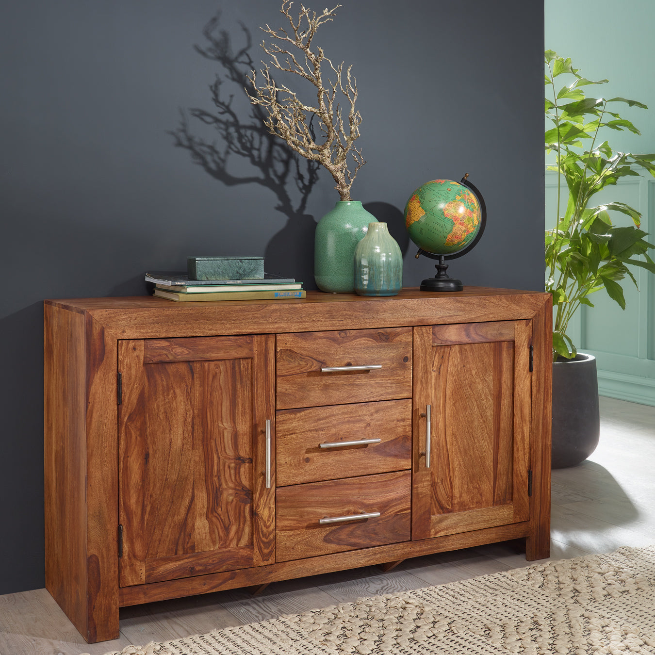 Sideboard Massivholz Sheesham Kommode 118 cm 3 Schubladen 2 Tueren Design Highboard Landhaus Stil braun natur