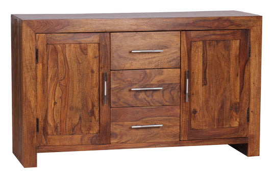 Sideboard Massivholz Sheesham Kommode 118 cm 3 Schubladen 2 Tueren Design Highboard Landhaus Stil braun natur