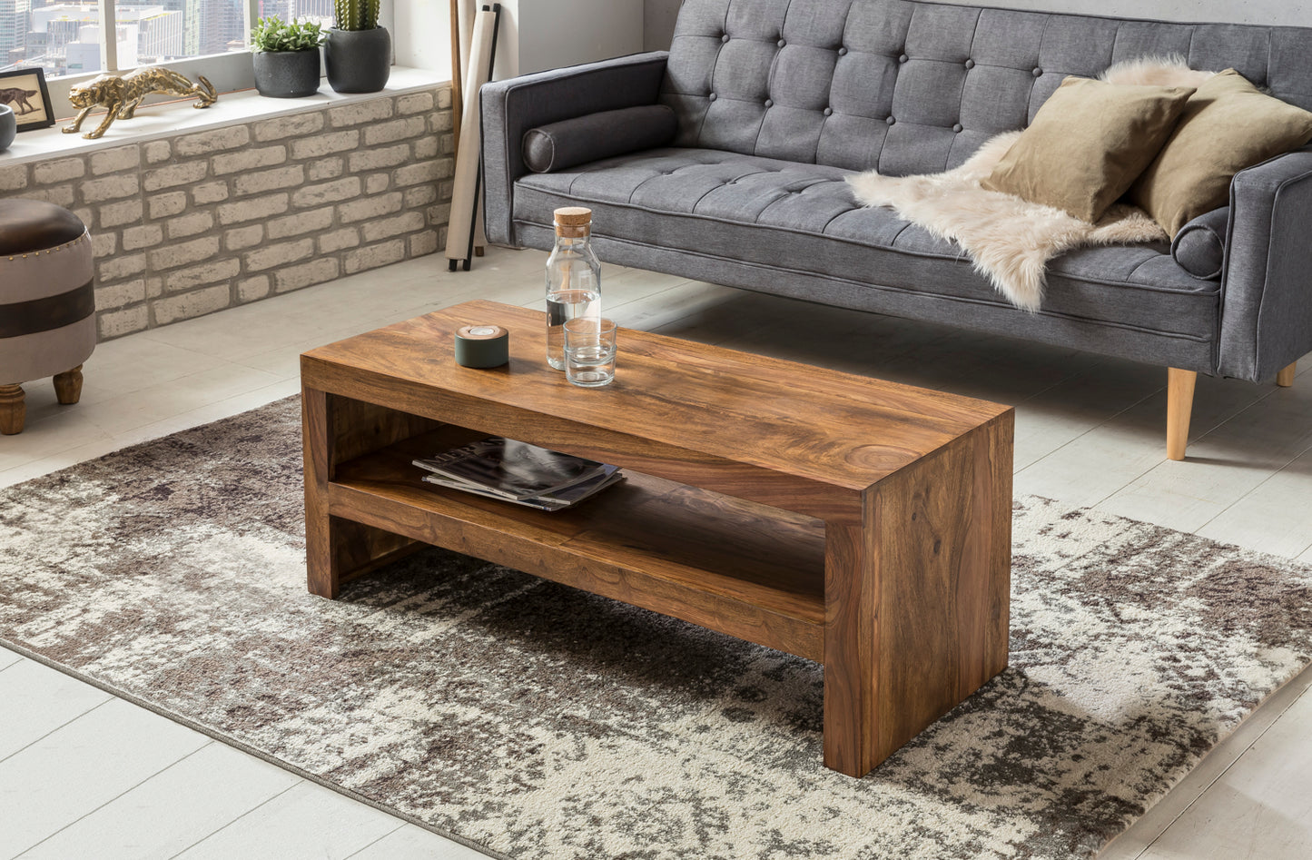 Couchtisch Massiv Holz Durban Sheesham 110 cm breit Wohnzimmer Tisch Design braun Landhaus Stil Beistelltisch