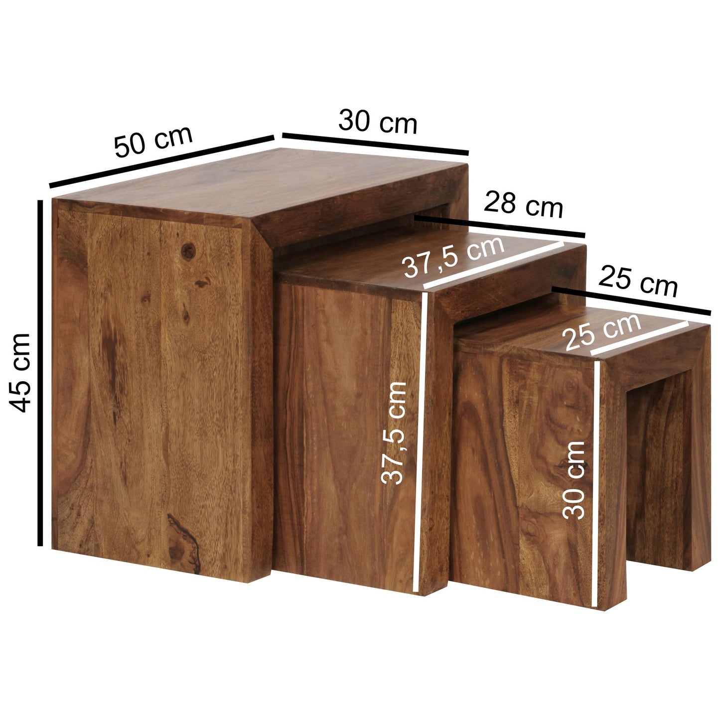 3er Set Satztisch Massiv Holz Sheesham Wohnzimmer Tisch Landhaus Stil Beistelltisch dunkel braun Naturholz