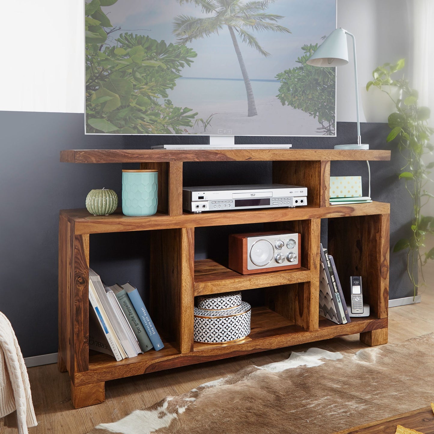 Sideboard Sheesham Massivholz 115 mal 76 mal 40 cm Landhaus Stil Fernseh Kommode mit Staufaechern TV Schrank Anrichte Echt Holz mit 4 Standbeinen