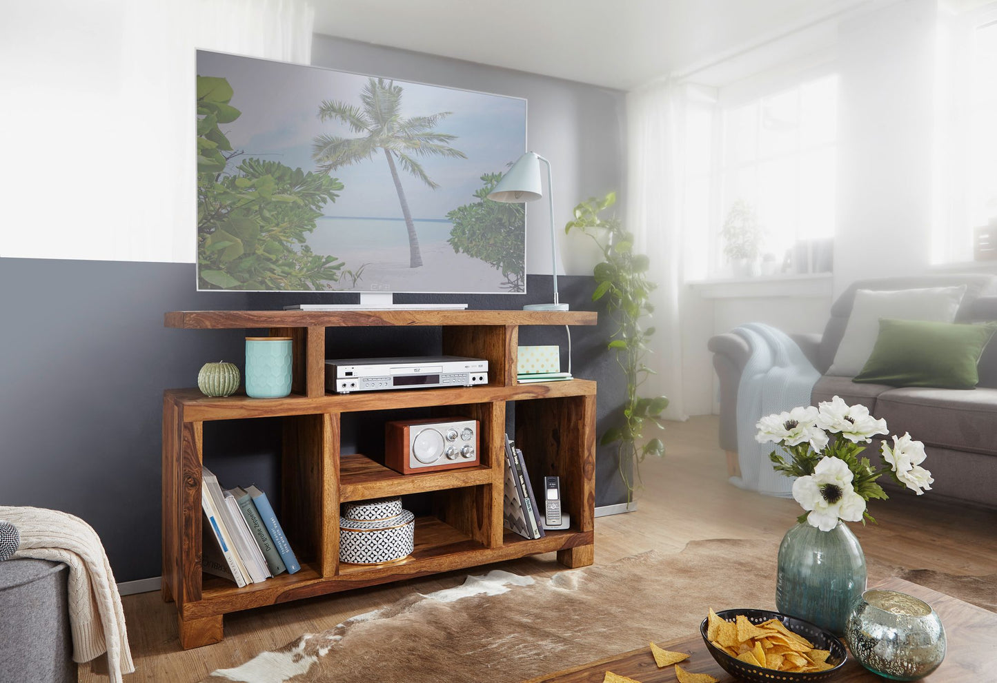 Sideboard Sheesham Massivholz 115 mal 76 mal 40 cm Landhaus Stil Fernseh Kommode mit Staufaechern TV Schrank Anrichte Echt Holz mit 4 Standbeinen