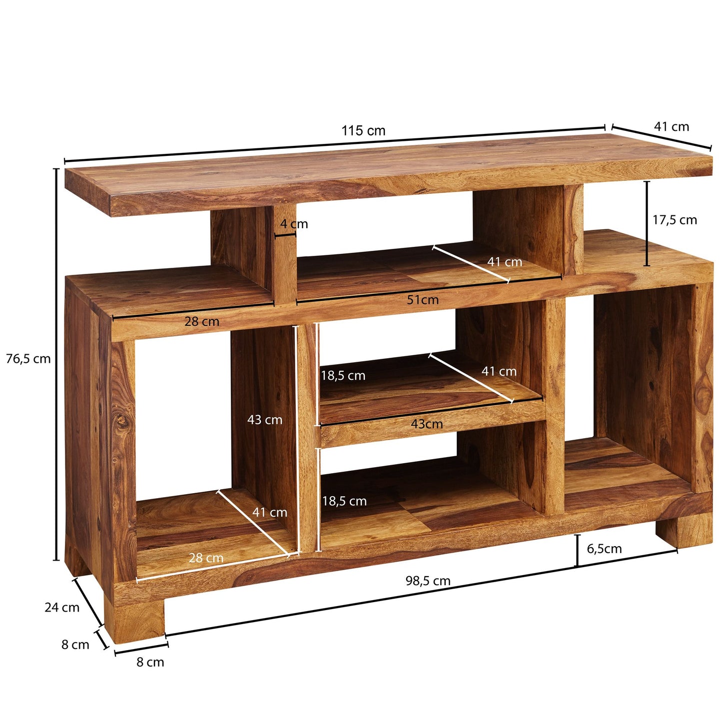 Sideboard Sheesham Massivholz 115 mal 76 mal 40 cm Landhaus Stil Fernseh Kommode mit Staufaechern TV Schrank Anrichte Echt Holz mit 4 Standbeinen