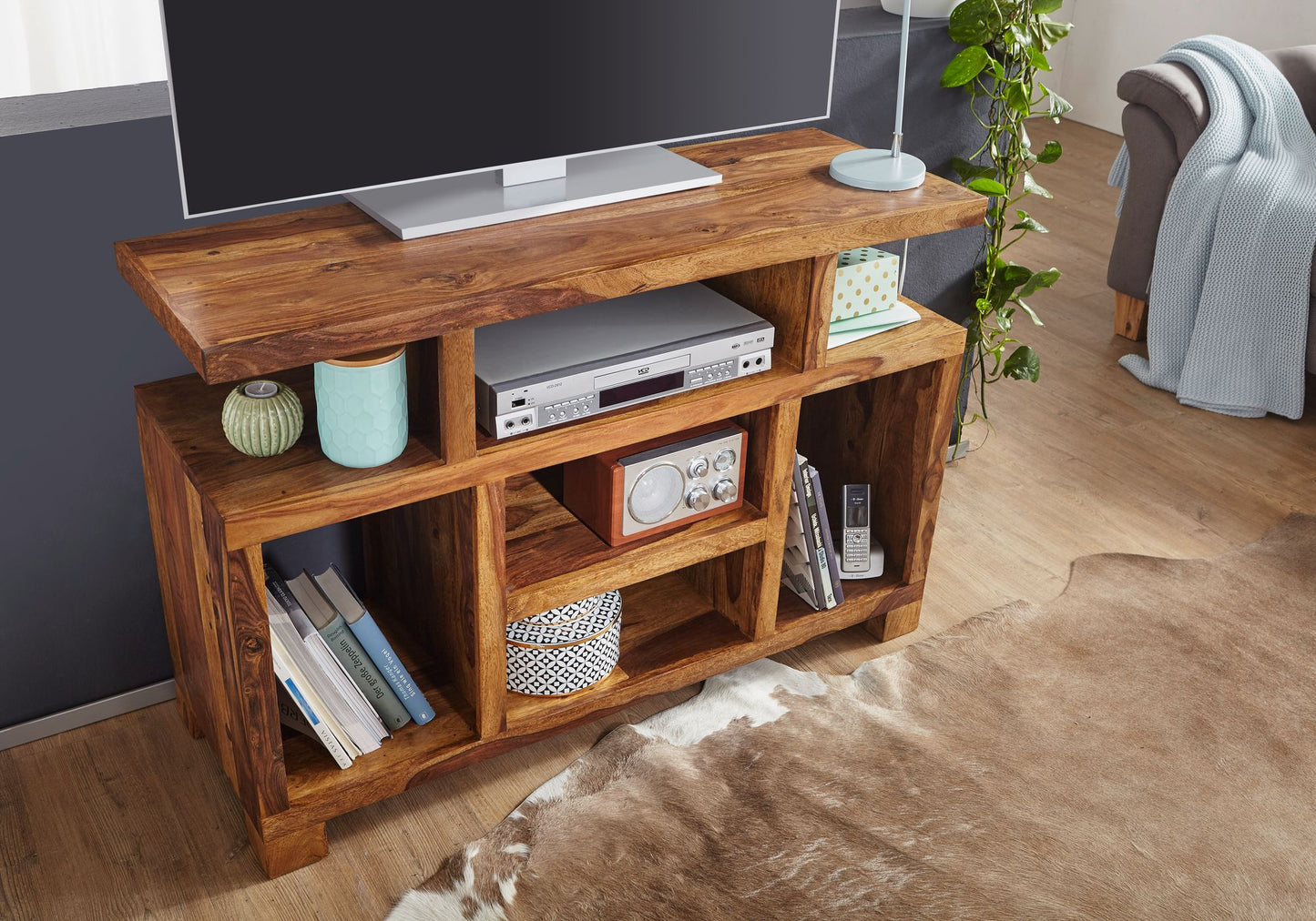 Sideboard Sheesham Massivholz 115 mal 76 mal 40 cm Landhaus Stil Fernseh Kommode mit Staufaechern TV Schrank Anrichte Echt Holz mit 4 Standbeinen