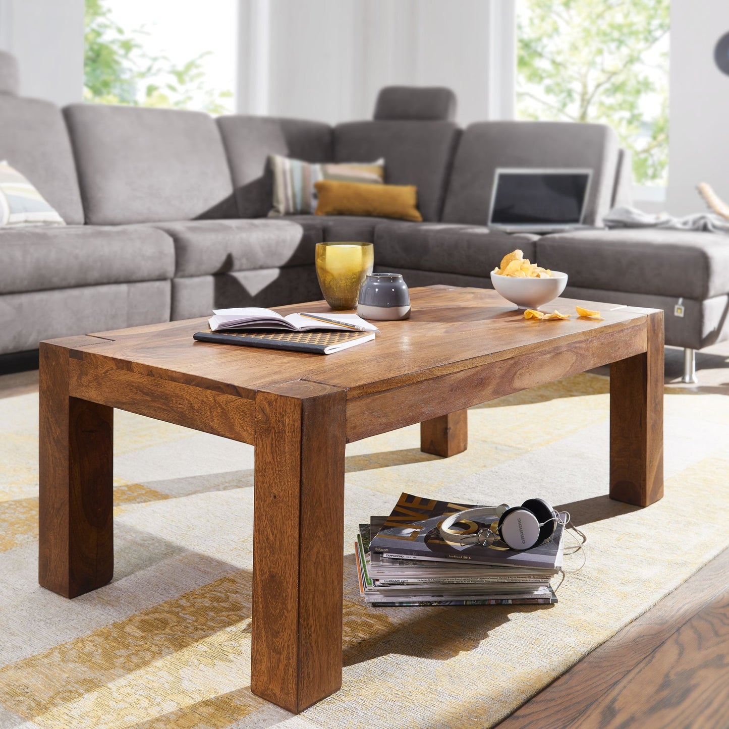 Couchtisch  Massiv Holz Sheesham 110cm breit Wohnzimmer Tisch Design dunkel braun Landhaus Stil Beistelltisch