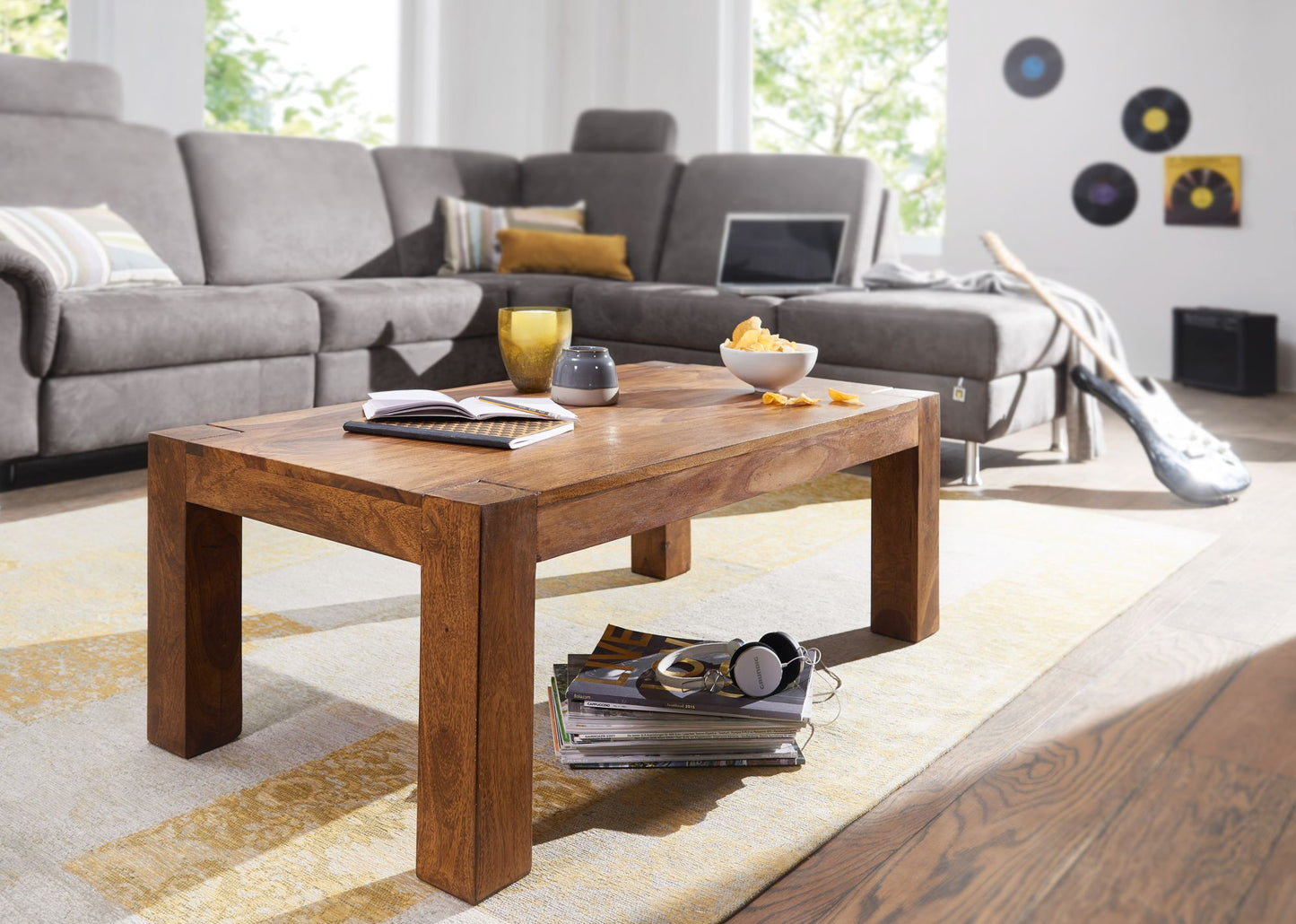 Couchtisch  Massiv Holz Sheesham 110cm breit Wohnzimmer Tisch Design dunkel braun Landhaus Stil Beistelltisch