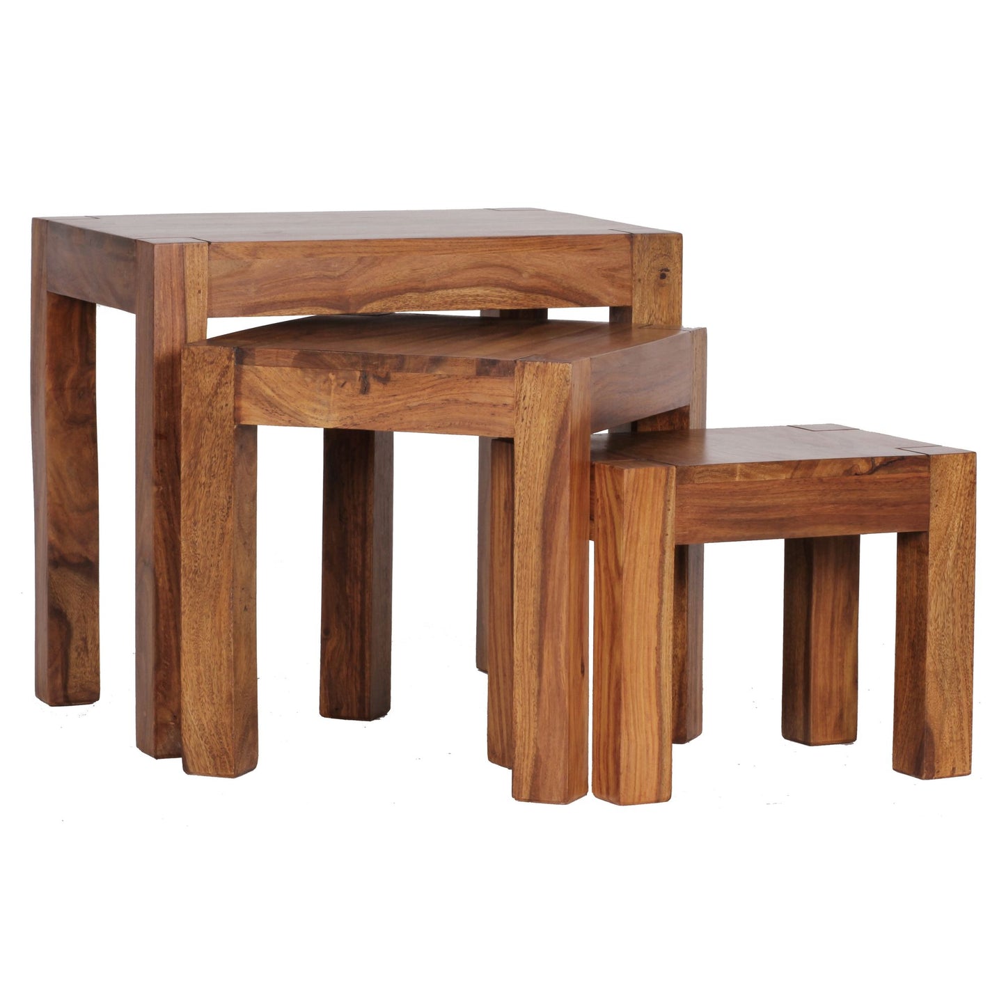 3er Set Satztisch Massiv Holz Sheesham Wohnzimmer Tisch Landhaus Stil Beistelltisch dunkel braun Naturholz