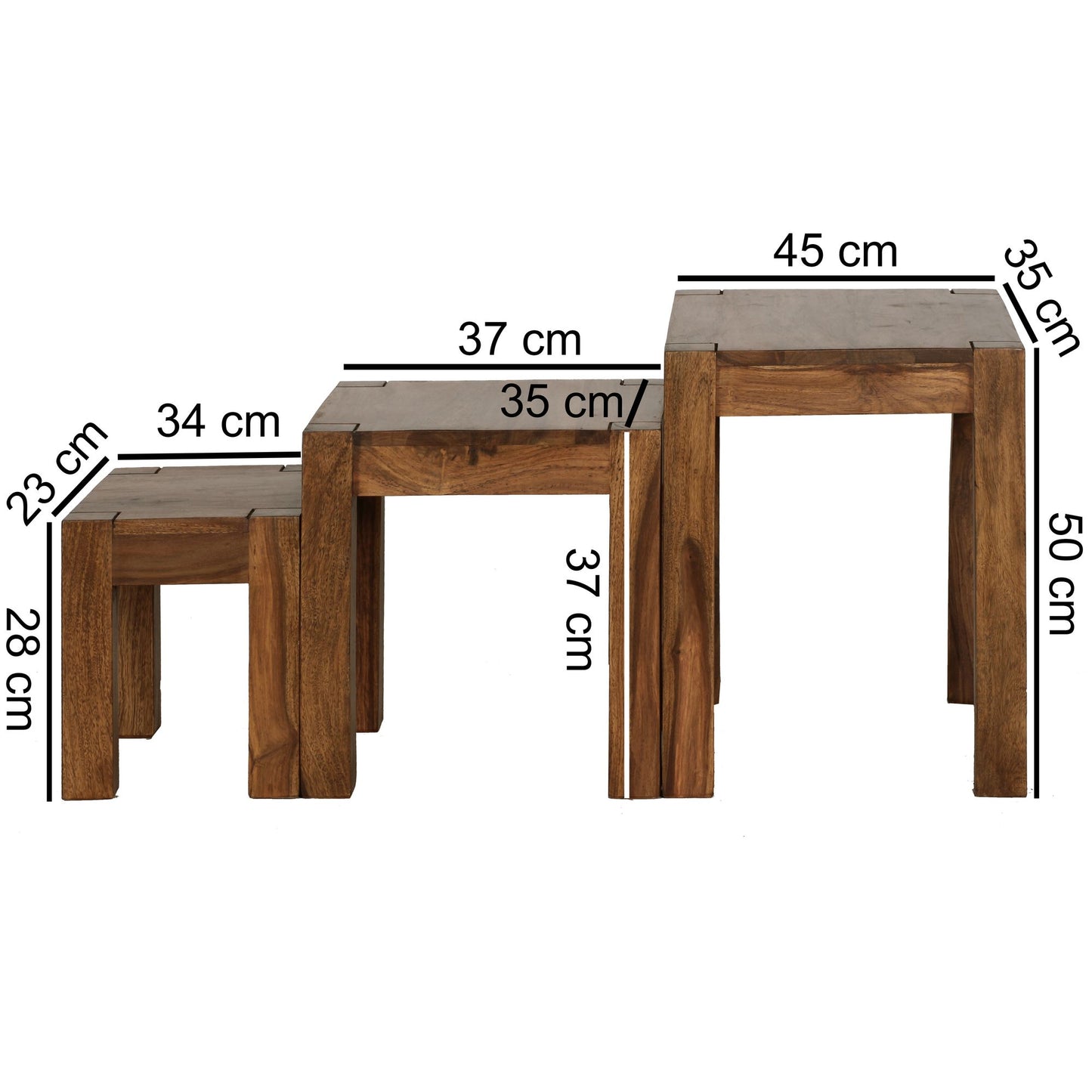 3er Set Satztisch Massiv Holz Sheesham Wohnzimmer Tisch Landhaus Stil Beistelltisch dunkel braun Naturholz