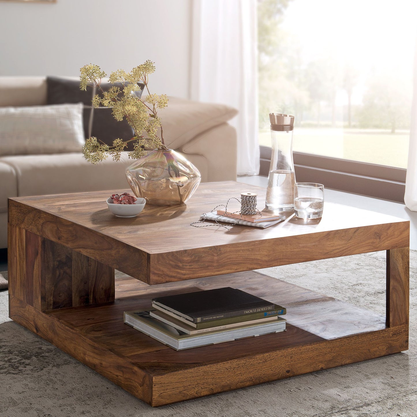 Couchtisch Massiv Holz Sheesham 90 cm breit Design Wohnzimmer Tisch dunkel braun Landhaus Stil Beistelltisch