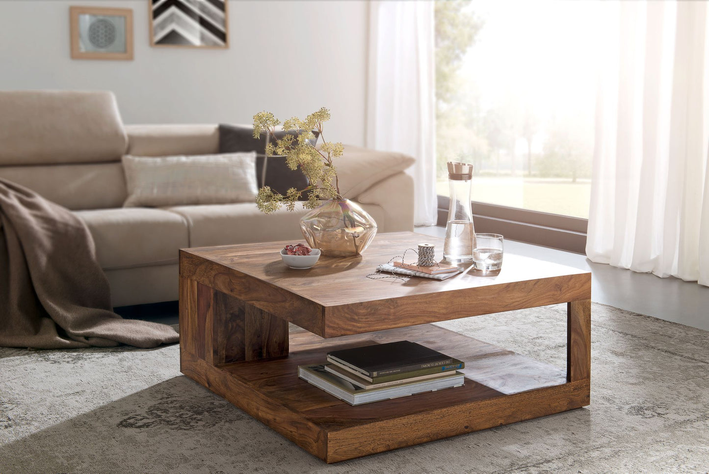 Couchtisch Massiv Holz Sheesham 90 cm breit Design Wohnzimmer Tisch dunkel braun Landhaus Stil Beistelltisch