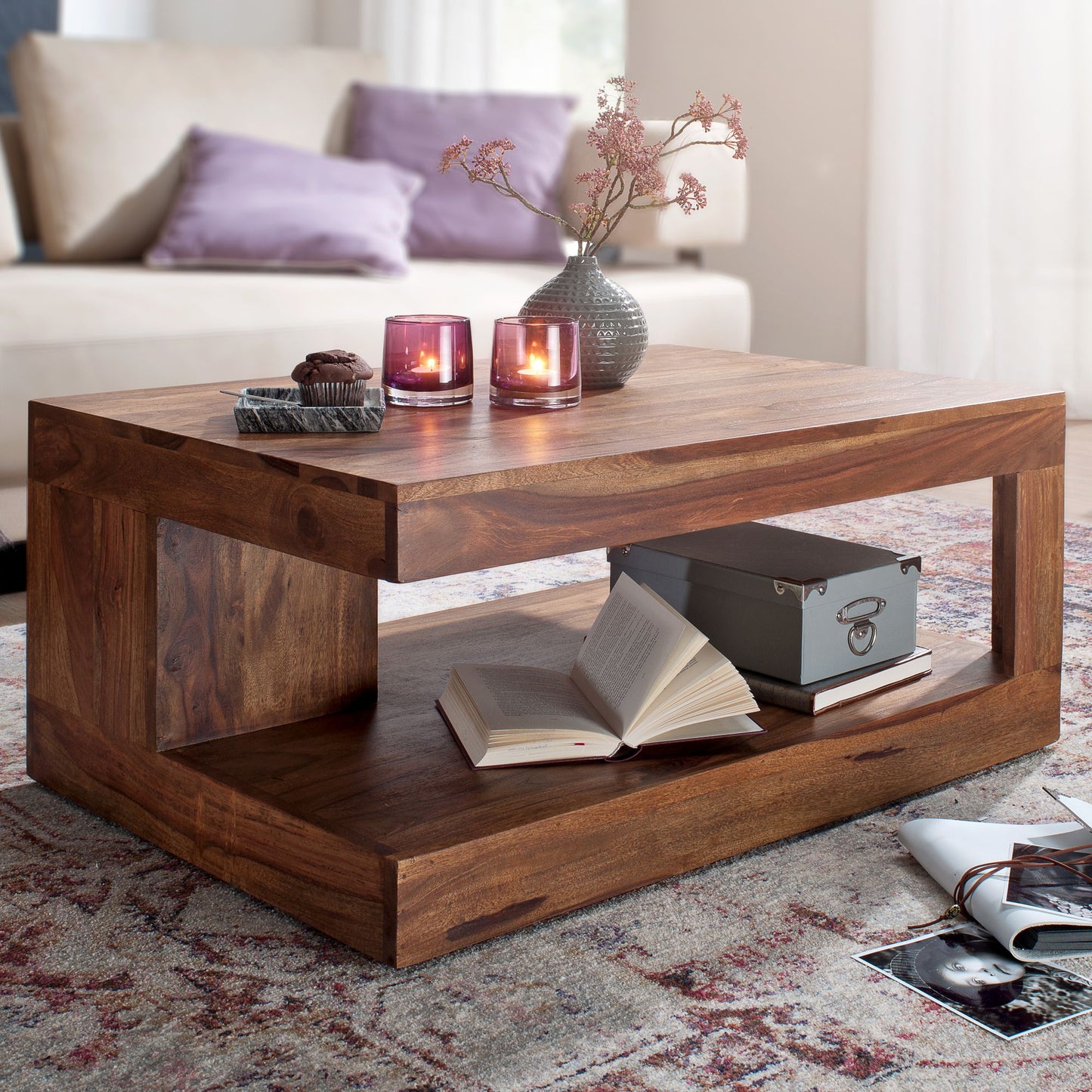 Couchtisch Sheesham Massivholz 90 mal 60 mal 40 cm Wohnzimmertisch braun Wohnzimmermoebel modern Massivholzmoebel Echtholz