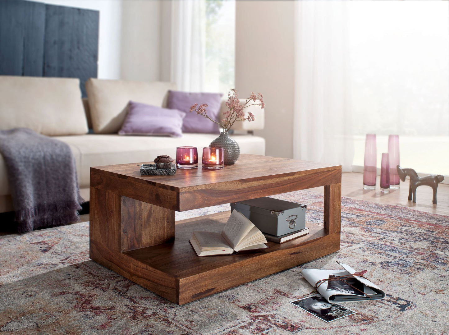 Couchtisch Sheesham Massivholz 90 mal 60 mal 40 cm Wohnzimmertisch braun Wohnzimmermoebel modern Massivholzmoebel Echtholz
