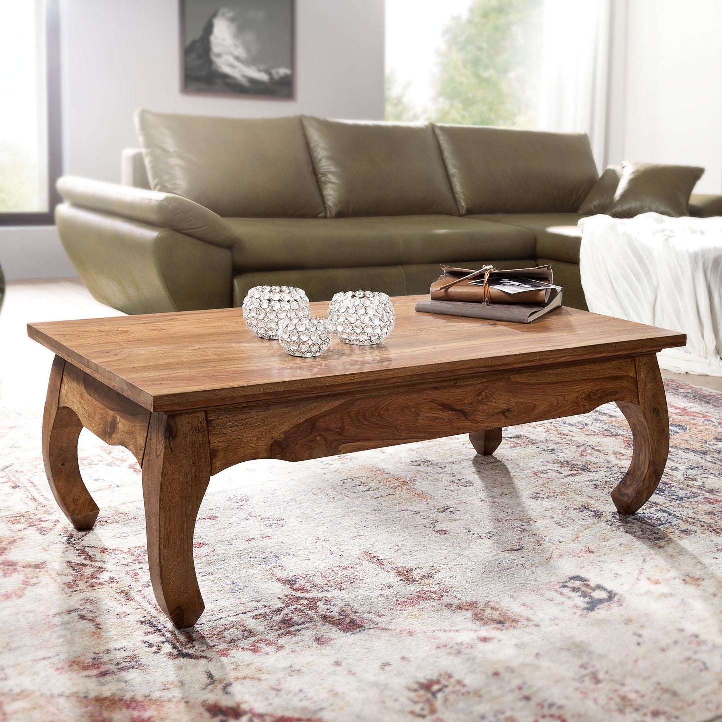 Couchtisch Massiv Holz Sheesham 110 cm breit Wohnzimmer Tisch Design dunkel braun Landhaus Stil Beistelltisch