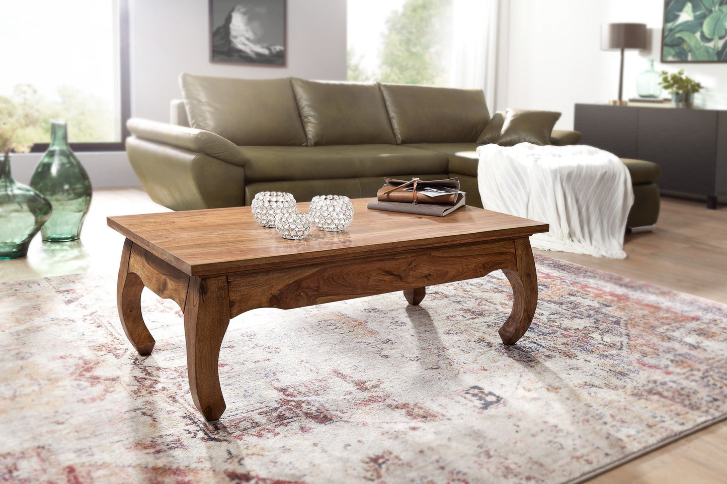 Couchtisch Massiv Holz Sheesham 110 cm breit Wohnzimmer Tisch Design dunkel braun Landhaus Stil Beistelltisch