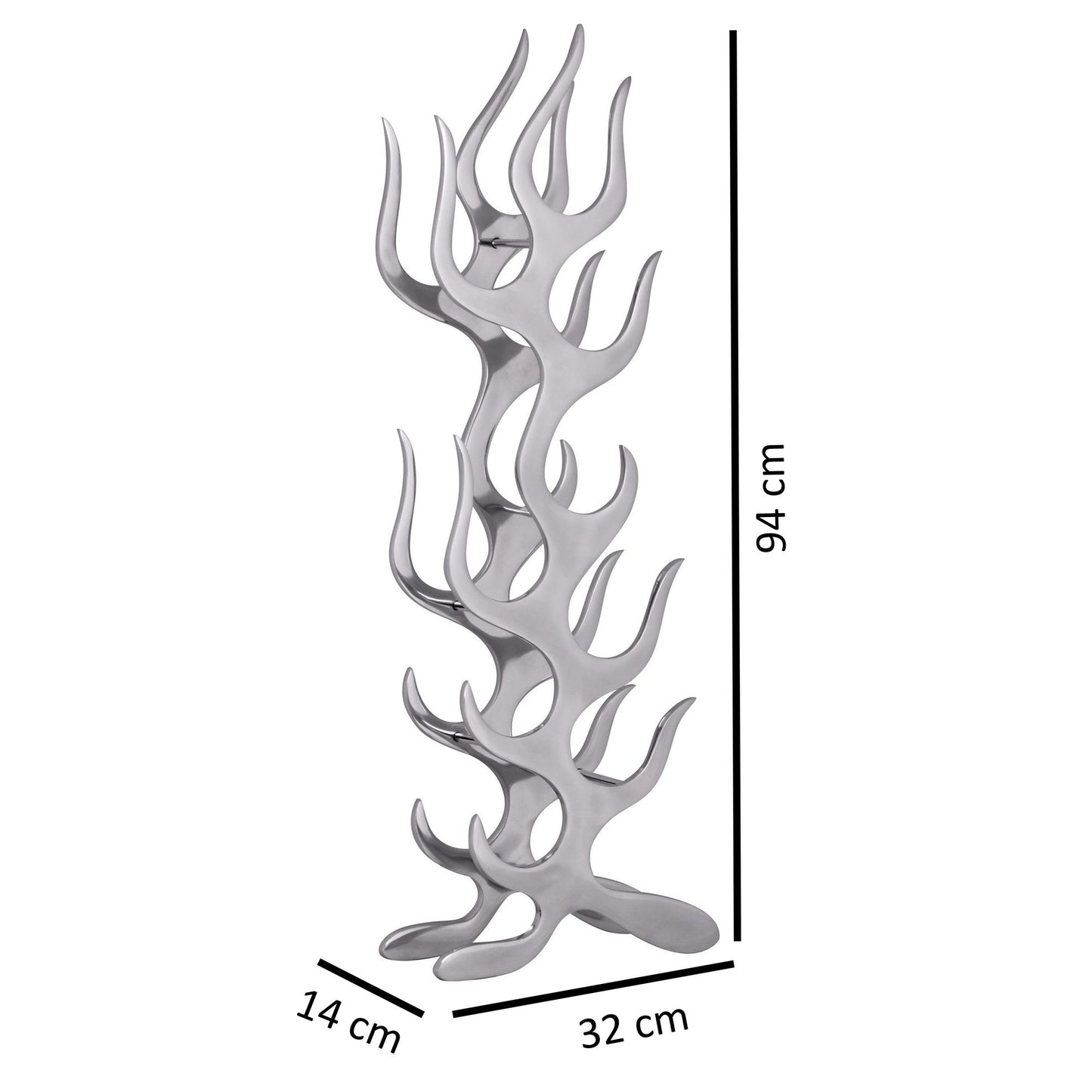 Design Aluminium Weinregal FLAMME fuer 9 Flaschen in Silber 32 mal 94 mal 14 cm Flaschenregal Flammenoptik Metall Deko Wein Flaschenhalter Regal Alu Flaschenstaender