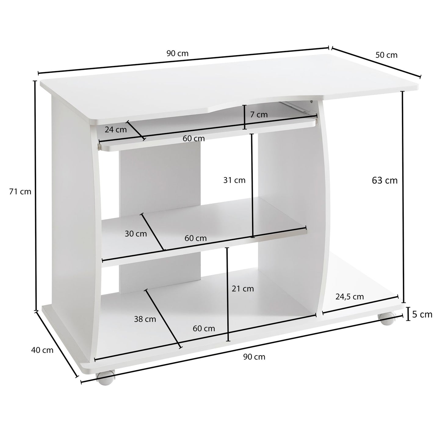 Computertisch GRASSE rollbar Weiss 90 mal 71 mal 50 cm mit Tastaturauszug Laptop Tisch auf feststellbaren Rollen PC Tisch mit Drucker Ablage platzsparend Schreibtisch fuer kleine Raeume