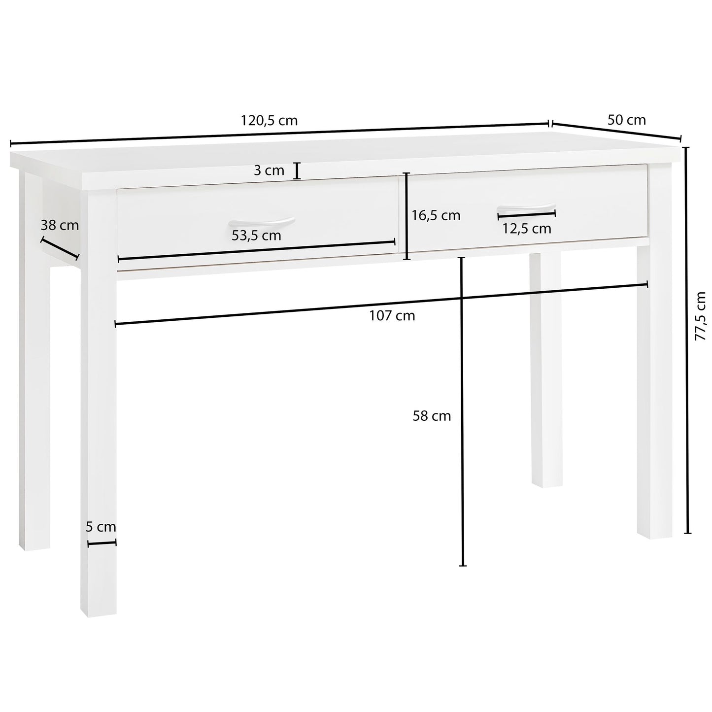 Schreibtisch TOULON Weiss mit 2 Schubladen 120 mal 77 mal 50 cm modern Konsolentisch Schminktisch platzsparend Laptoptisch Arbeitstisch fuer kleine Raeume