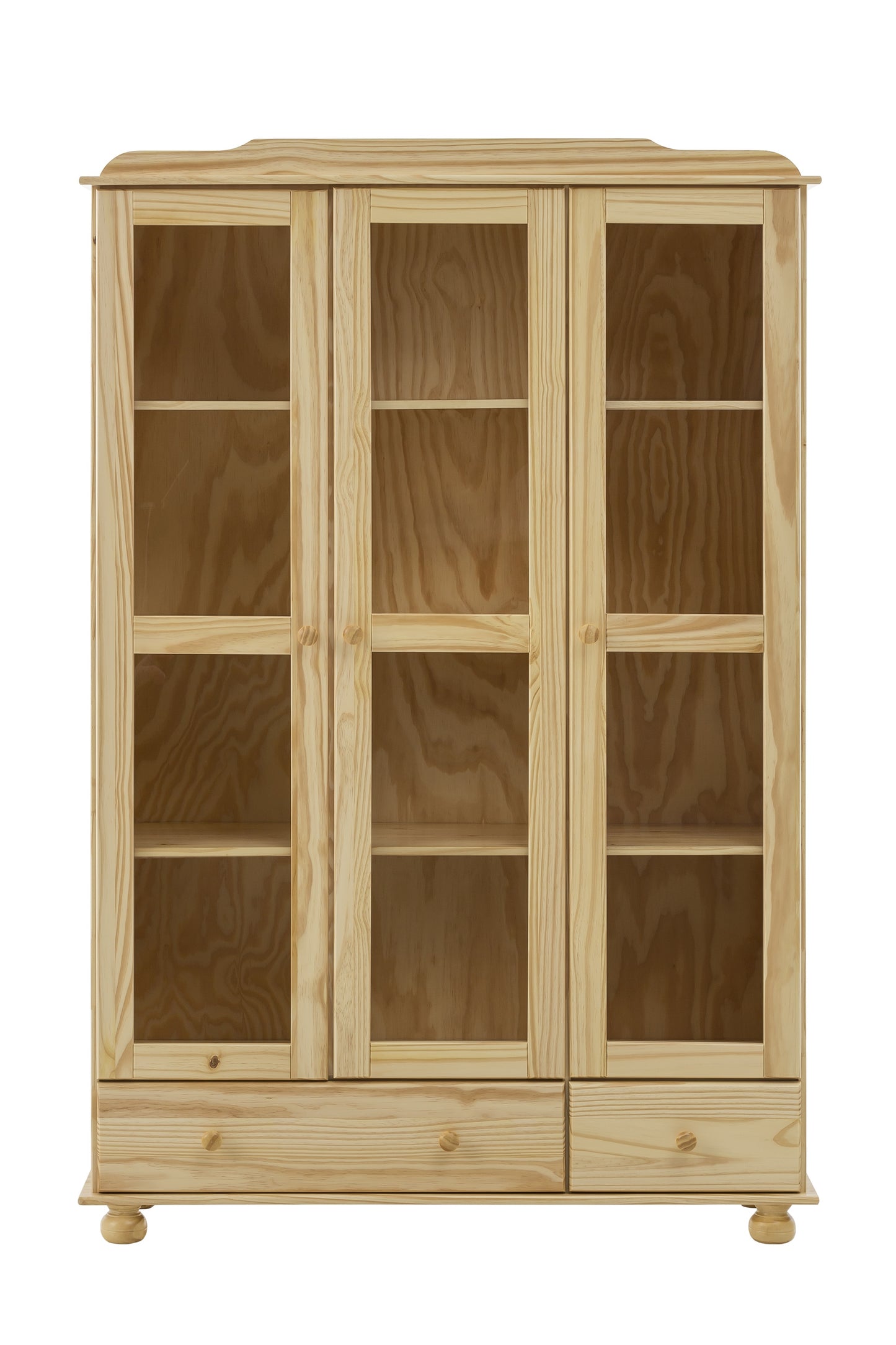 Vitrine 3 Tueren mit Glaseinsatz 2 Schubladen Schubladen mit Metallauszuegen Fussmaterial Pinie insgesamt 6 Boeden ( 2 davon fest) grosse Schublade (BxTxH) 755 x 295 x 13 cm kleine Schublade (BxTxH) 345 x 295 x 13 cm