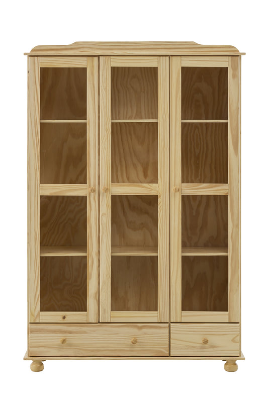 Vitrine 3 Tueren mit Glaseinsatz 2 Schubladen Schubladen mit Metallauszuegen Fussmaterial Pinie insgesamt 6 Boeden ( 2 davon fest) grosse Schublade (BxTxH) 755 x 295 x 13 cm kleine Schublade (BxTxH) 345 x 295 x 13 cm