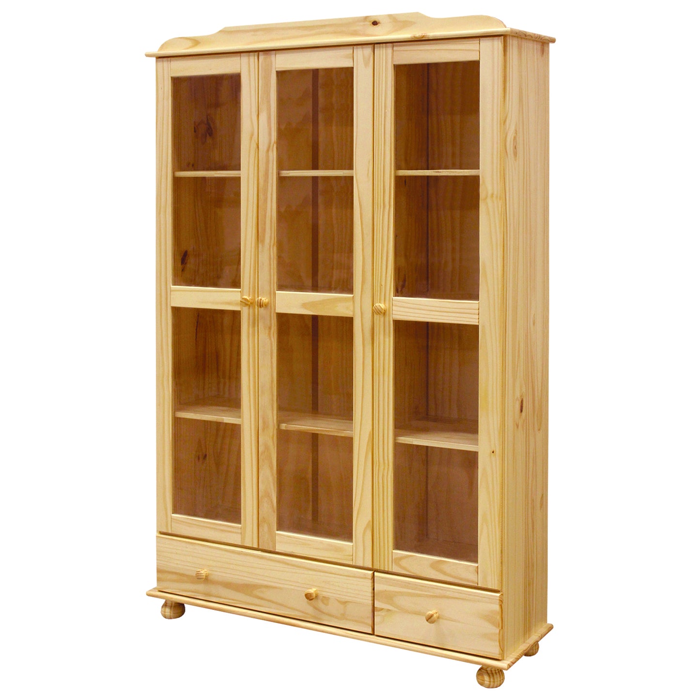 Vitrine 3 Tueren mit Glaseinsatz 2 Schubladen Schubladen mit Metallauszuegen Fussmaterial Pinie insgesamt 6 Boeden ( 2 davon fest) grosse Schublade (BxTxH) 755 x 295 x 13 cm kleine Schublade (BxTxH) 345 x 295 x 13 cm