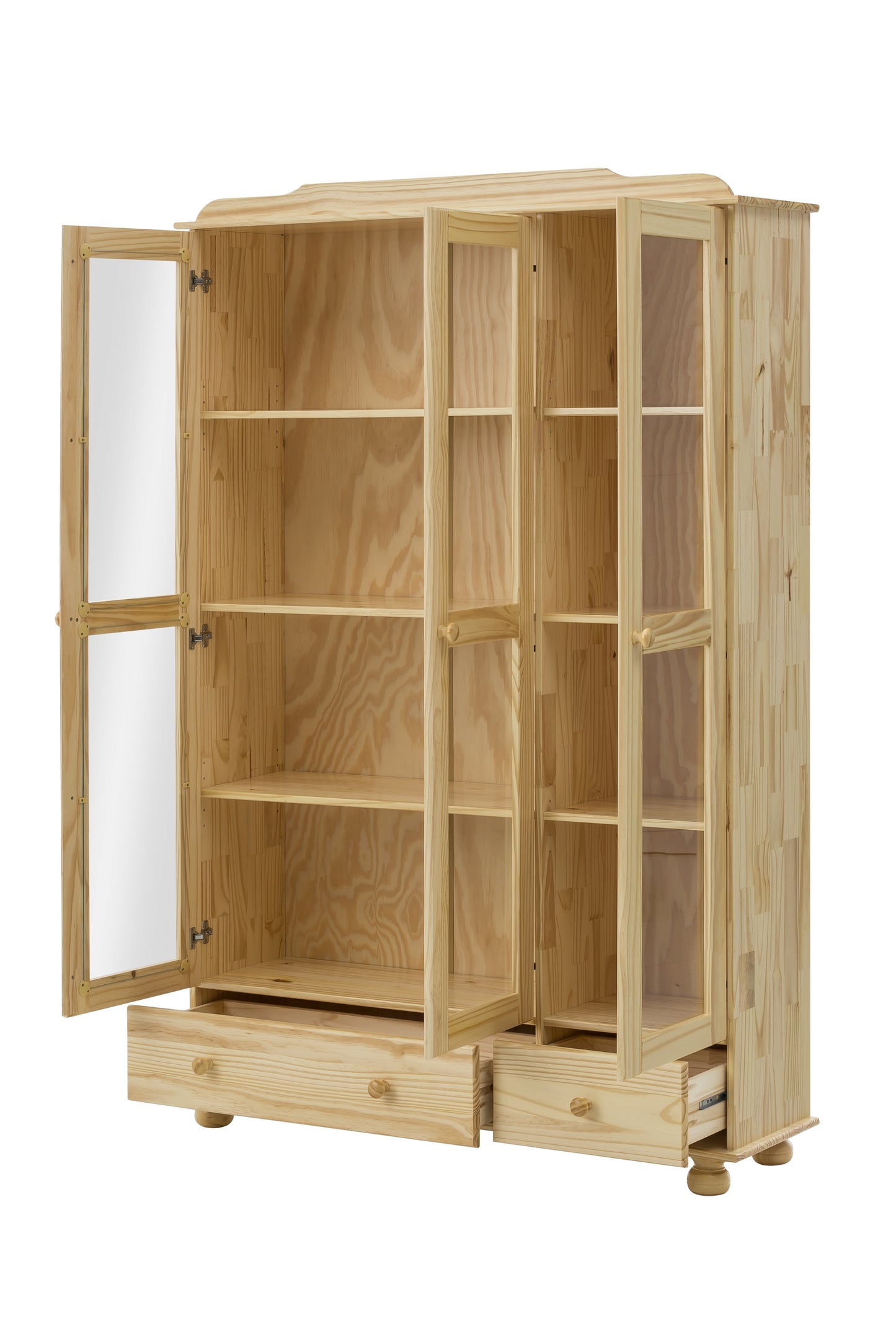 Vitrine 3 Tueren mit Glaseinsatz 2 Schubladen Schubladen mit Metallauszuegen Fussmaterial Pinie insgesamt 6 Boeden ( 2 davon fest) grosse Schublade (BxTxH) 755 x 295 x 13 cm kleine Schublade (BxTxH) 345 x 295 x 13 cm