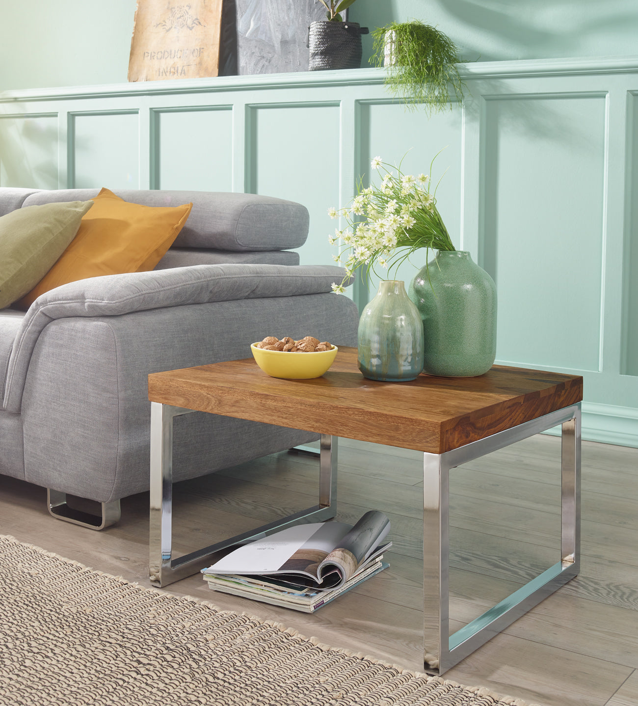 Beistelltisch GUNA Massiv Holz Sheesham Wohnzimmer Tisch Metallgestell Landhaus Stil Couchtisch dunkelbraun natur