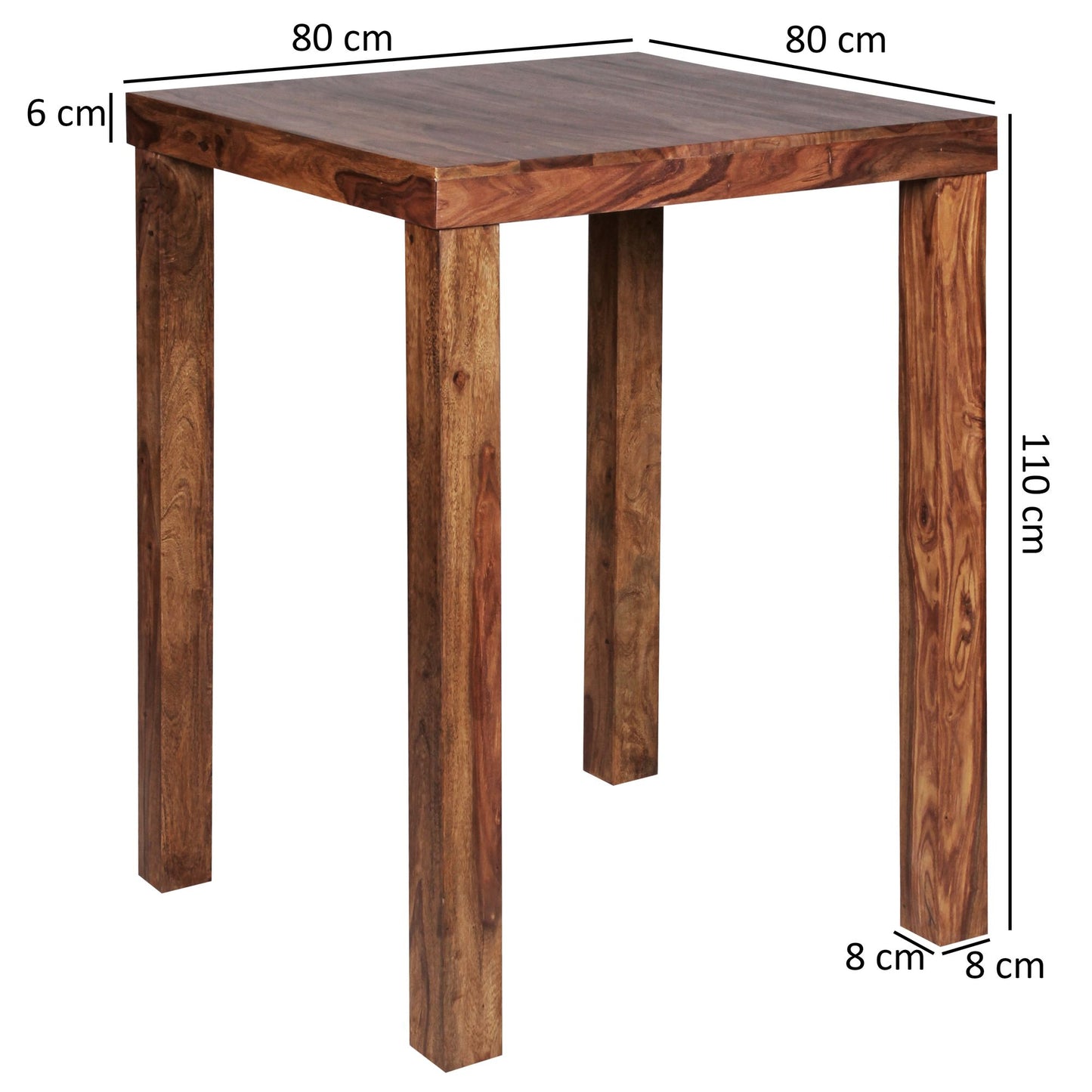 Bartisch MUMBAI Massivholz Sheesham 80 mal 80 mal 110 cm Bistro Tisch Landhaus Stil Holztisch quadratisch dunkel braun
