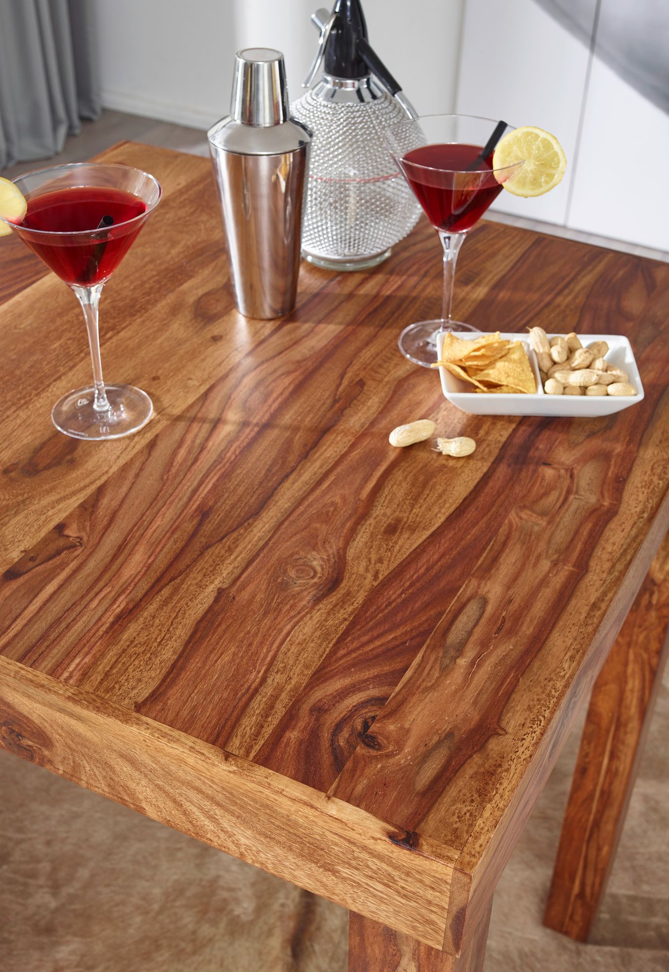 Bartisch MUMBAI Massivholz Sheesham 80 mal 80 mal 110 cm Bistro Tisch Landhaus Stil Holztisch quadratisch dunkel braun