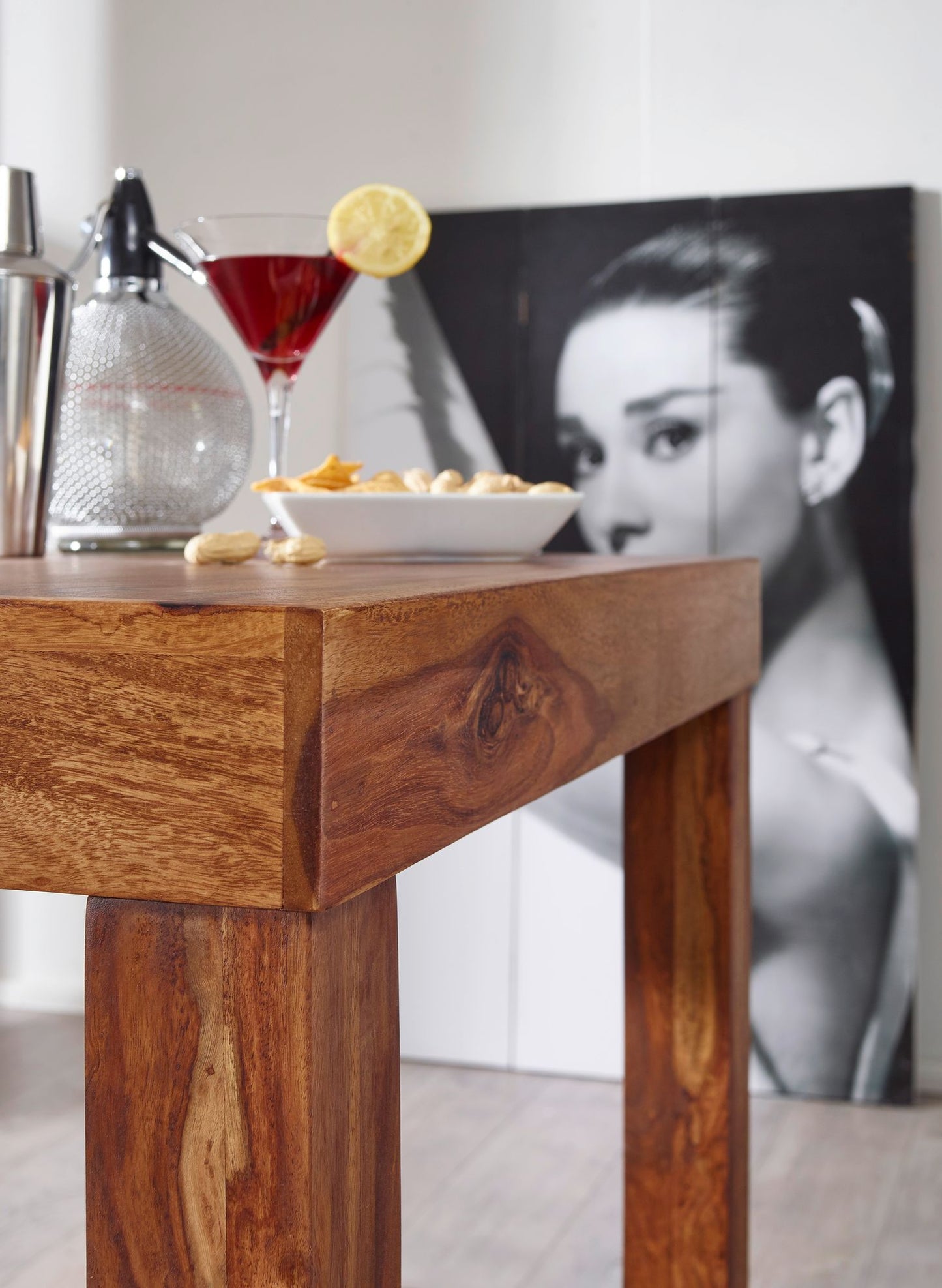 Bartisch MUMBAI Massivholz Sheesham 80 mal 80 mal 110 cm Bistro Tisch Landhaus Stil Holztisch quadratisch dunkel braun