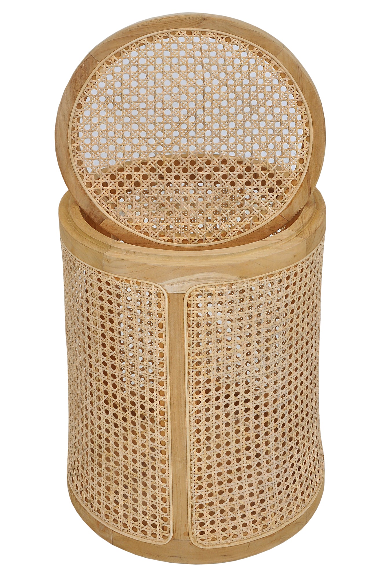 Korb rund aus Rattan aus Rattan mit Rahmen aus Teak abnehmbarer Deckel