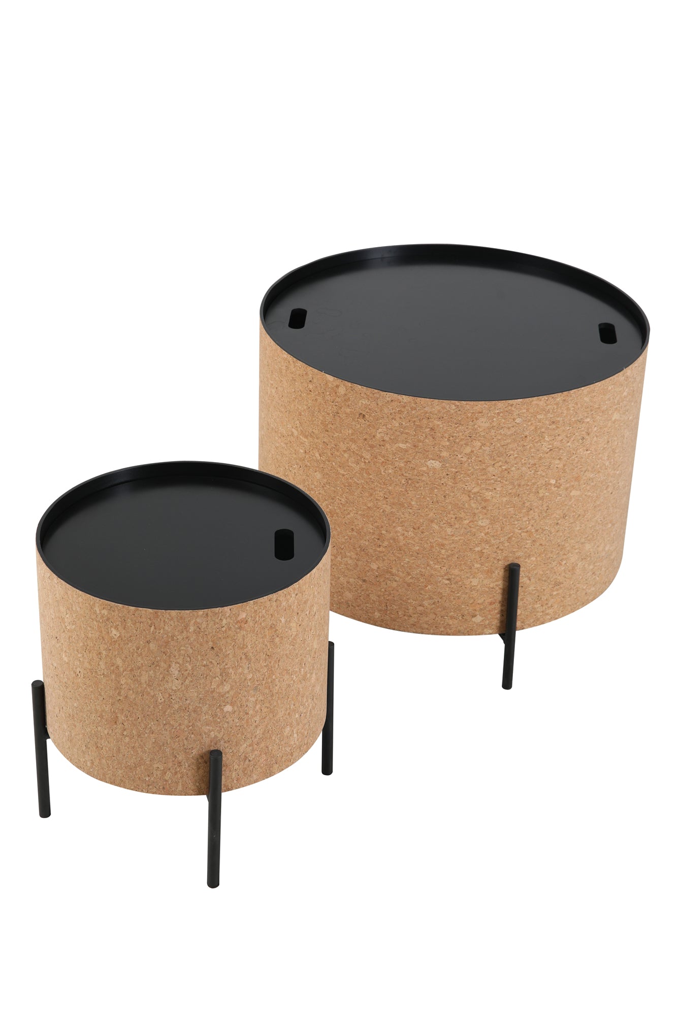 Couchtische 2er Set MDF mit Kork Stahlbeine Masse grosser Tisch  ca  B63xT63xH485 cm Masse kleiner Tisch  ca  B415xT415xH365 cm Tischplatten abnehmbar mit Stauraum im Inneren