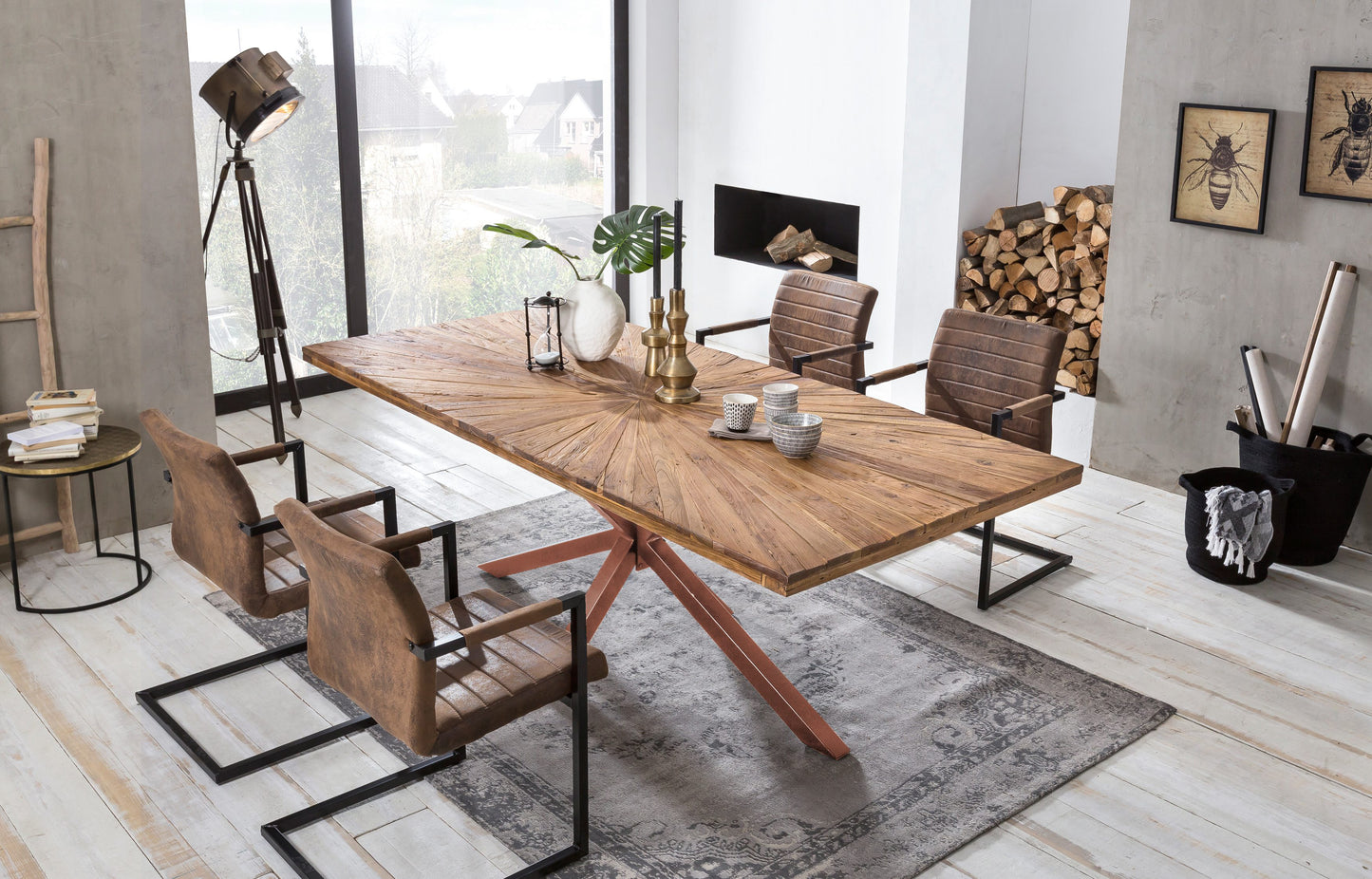 Tisch 200x100 cm Platte Teak "Sonne" braunes Stern-Gestell Plattenstaerke 50 mm