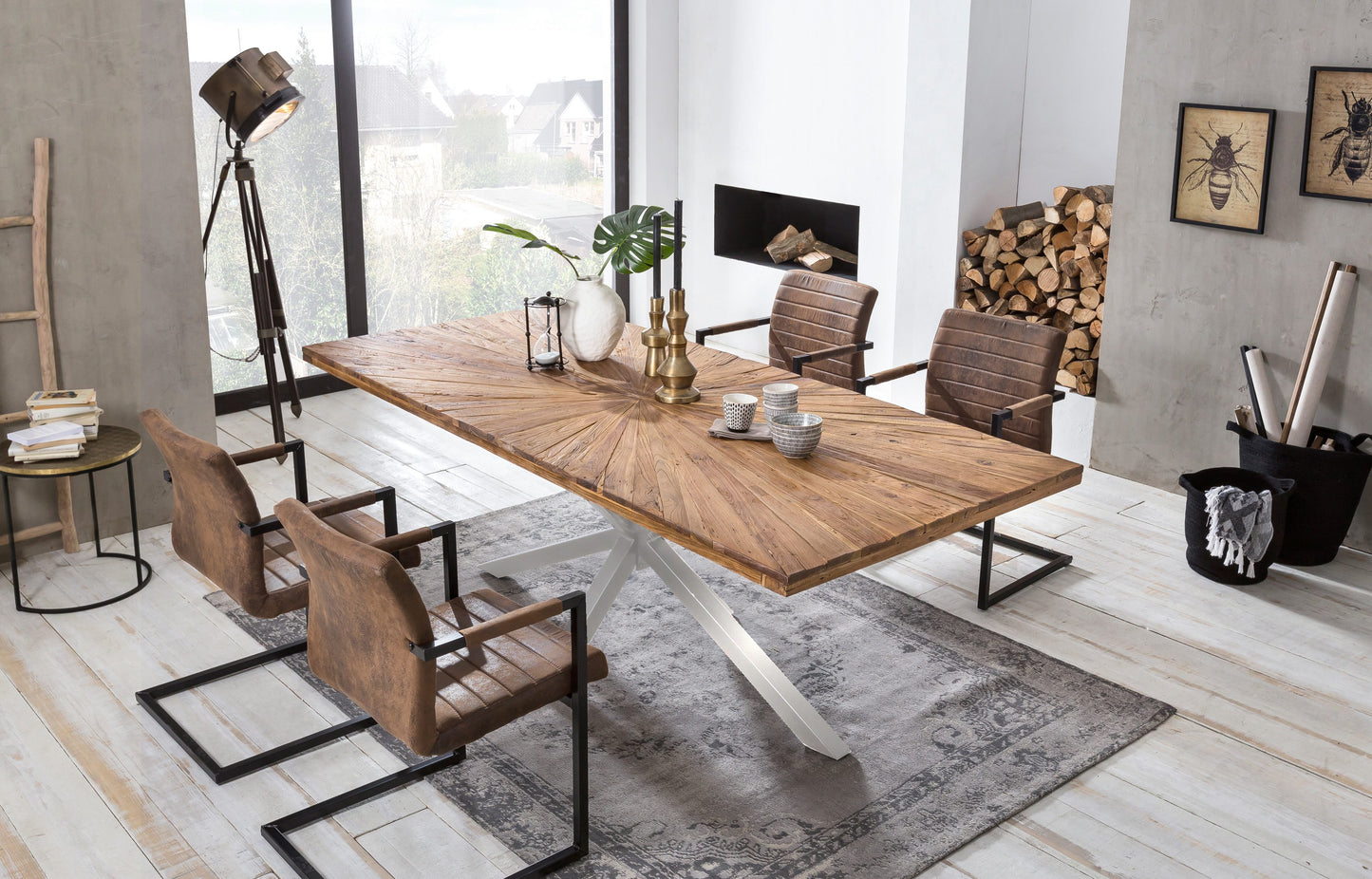 Tisch 200x100 cm Platte Teak "Sonne" silbernes Stern-Gestell Plattenstaerke 50 mm