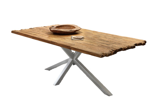 Tisch 200x100 cm Platte recyceltes Teak Gestell antiksilber Plattenstaerke 20 mm auf 50 mm aufgedoppelt Vierkantrohre 6x6 cm