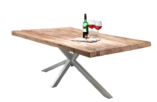 Tisch 200x100 cm Platte Teak Gestell antiksilber Plattenstaerke 20 mm auf 50 mm aufgedoppelt Vierkantrohre 6x6 cm