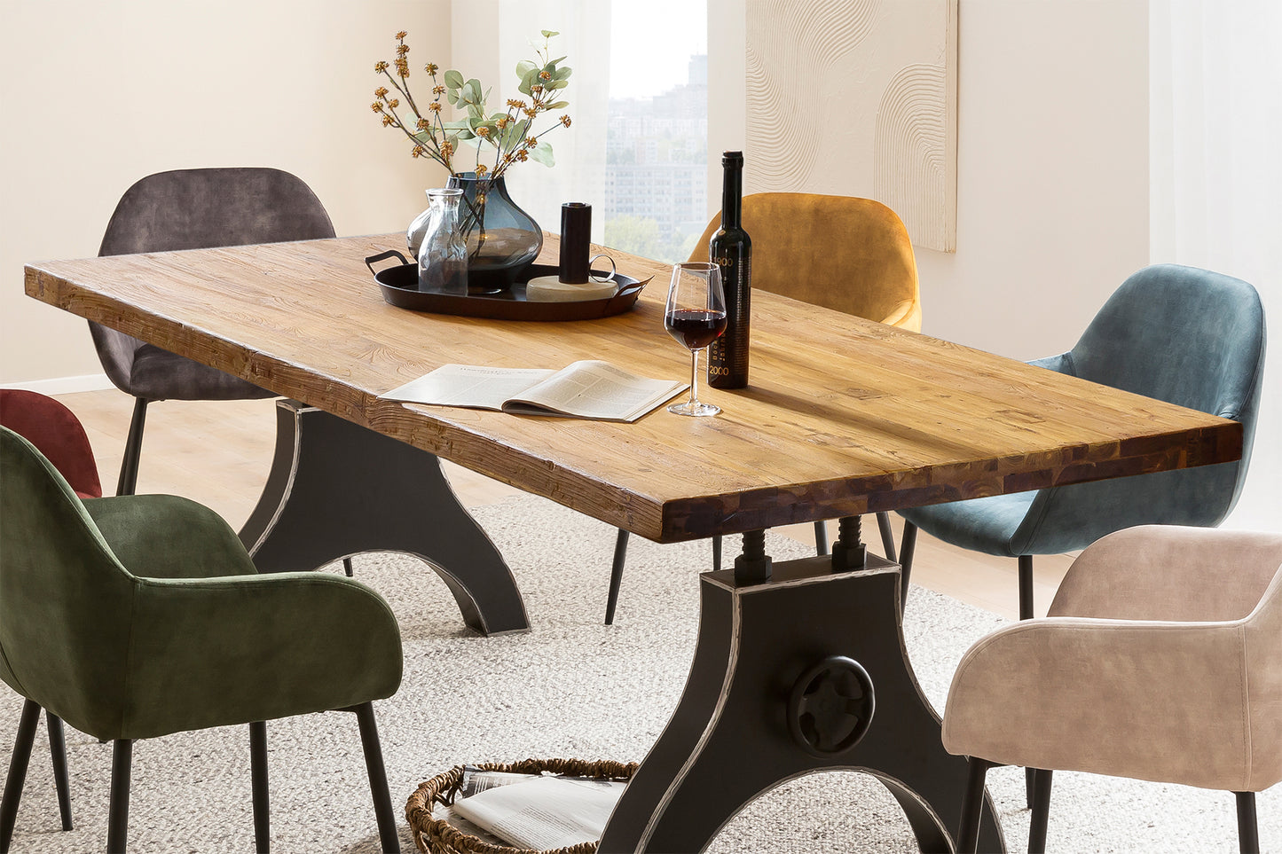 Tisch 200x100 cm recyceltes Teak Plattenstaerke 50 mm   Gestell A-foermig schwarz Bestehend aus Gestell 07114-44 + Tischplatte 07131-01 - Plattenstaerke 20 mm augedoppelt auf 50 mm Kurbelrad ohne Funktion
