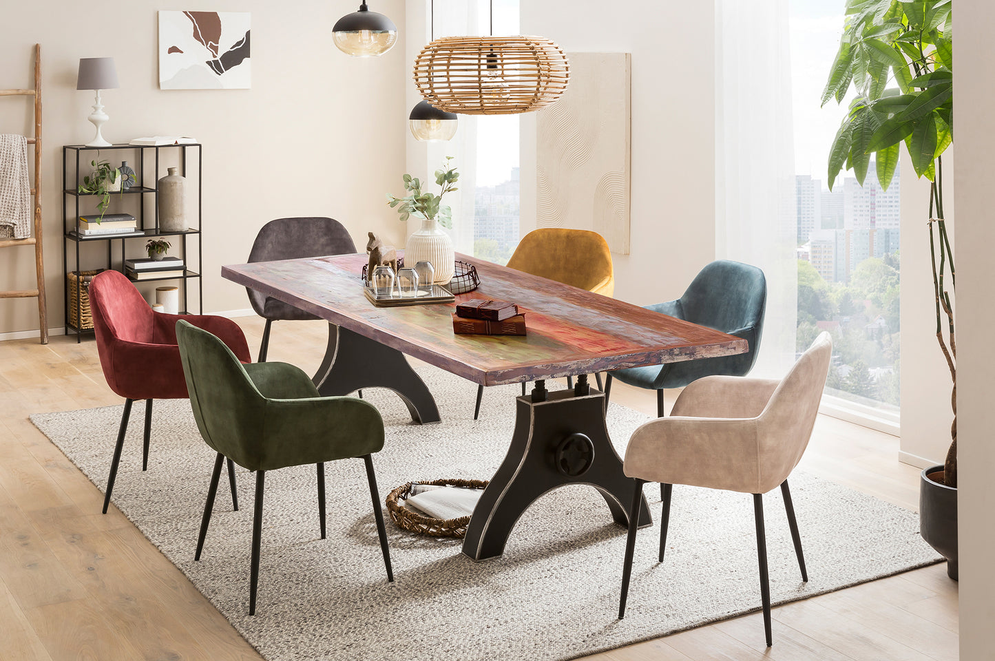 Tisch 220x100 cm Altholz bunt lackiert Plattenstaerke 50 mm gerahmt   Gestell A-foermig schwarz Bestehend aus Gestell 07114-44 + Tischplatte 07182-98 - Plattenstaerke 20 mm am Rahmen 50 mm Kurbelrad ohne Funktion