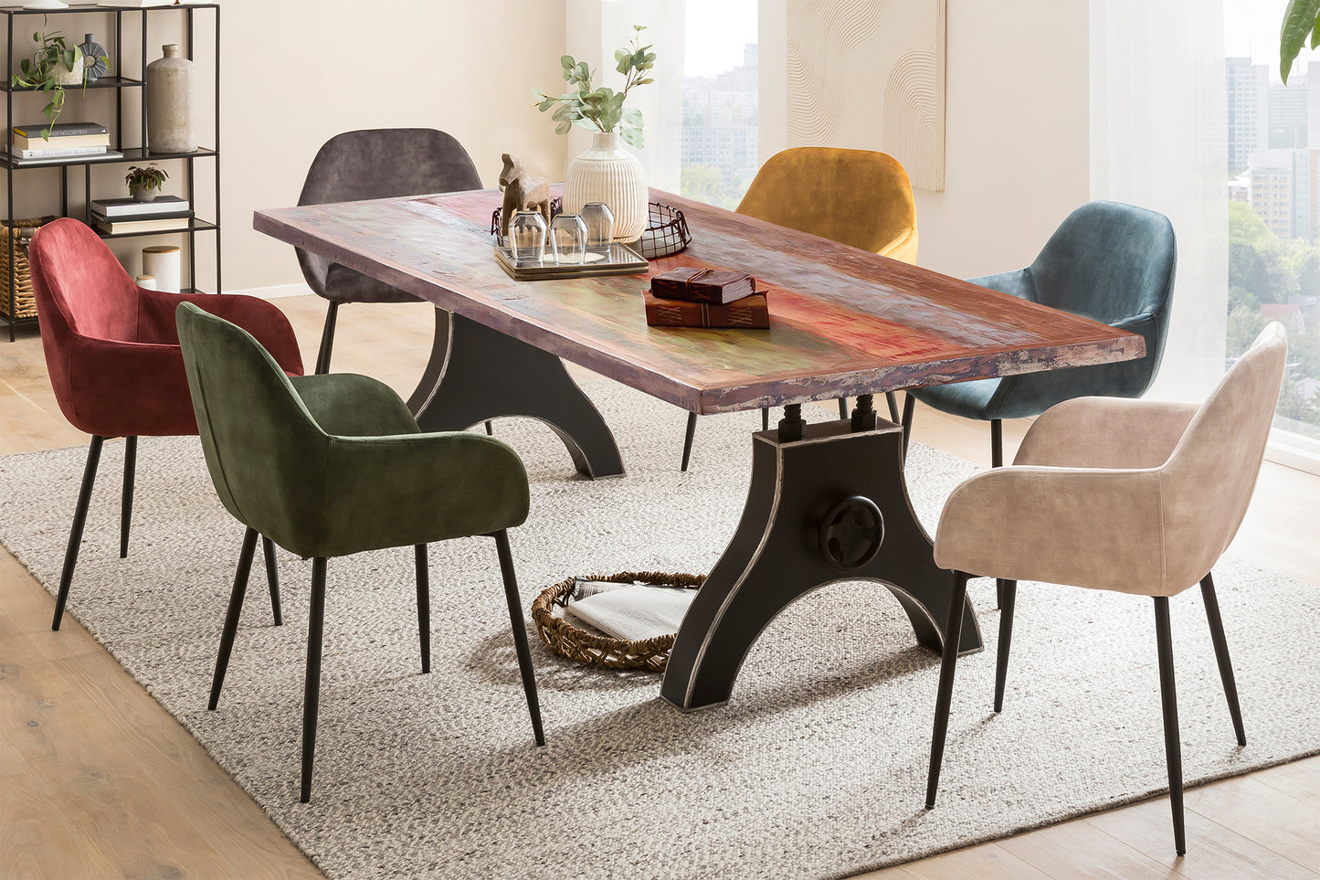 Tisch 220x100 cm Altholz bunt lackiert Plattenstaerke 50 mm gerahmt   Gestell A-foermig schwarz Bestehend aus Gestell 07114-44 + Tischplatte 07182-98 - Plattenstaerke 20 mm am Rahmen 50 mm Kurbelrad ohne Funktion