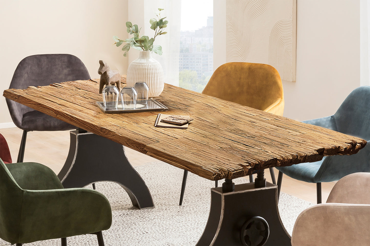 Tisch 200x100 cm Teak natur Plattenstaerke 50 mm   Gestell A-foermig schwarz Bestehend aus Gestell 07114-44 + Tischplatte 07179-02 - aufgedoppelt auf 50 mm mit Bruchkante an den kurzen Seiten Kurbelrad ohne Funktion