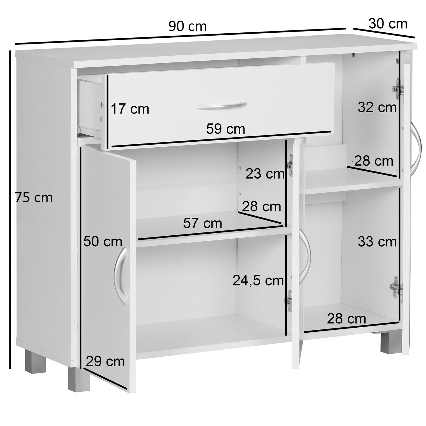 Design Sideboard SETE 90 mal 75 mal 30 cm Weiss Schraenkchen mit 1 Schublade 3 Tueren Moderne Schlafzimmer Kommode Anrichte Esszimmer Schmaler Schuhschrank mit Schublade