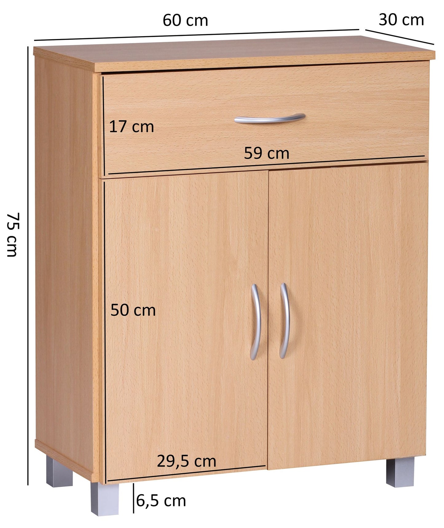 Sideboard Buche WL1.335 60 mal 75 mal 30cm Kommode mit Schublade und Tueren Kleine Moderne Anrichte Braun Design Holz Schrank Allzweckschrank mit Griffen Kleiner Flurschrank Schmal