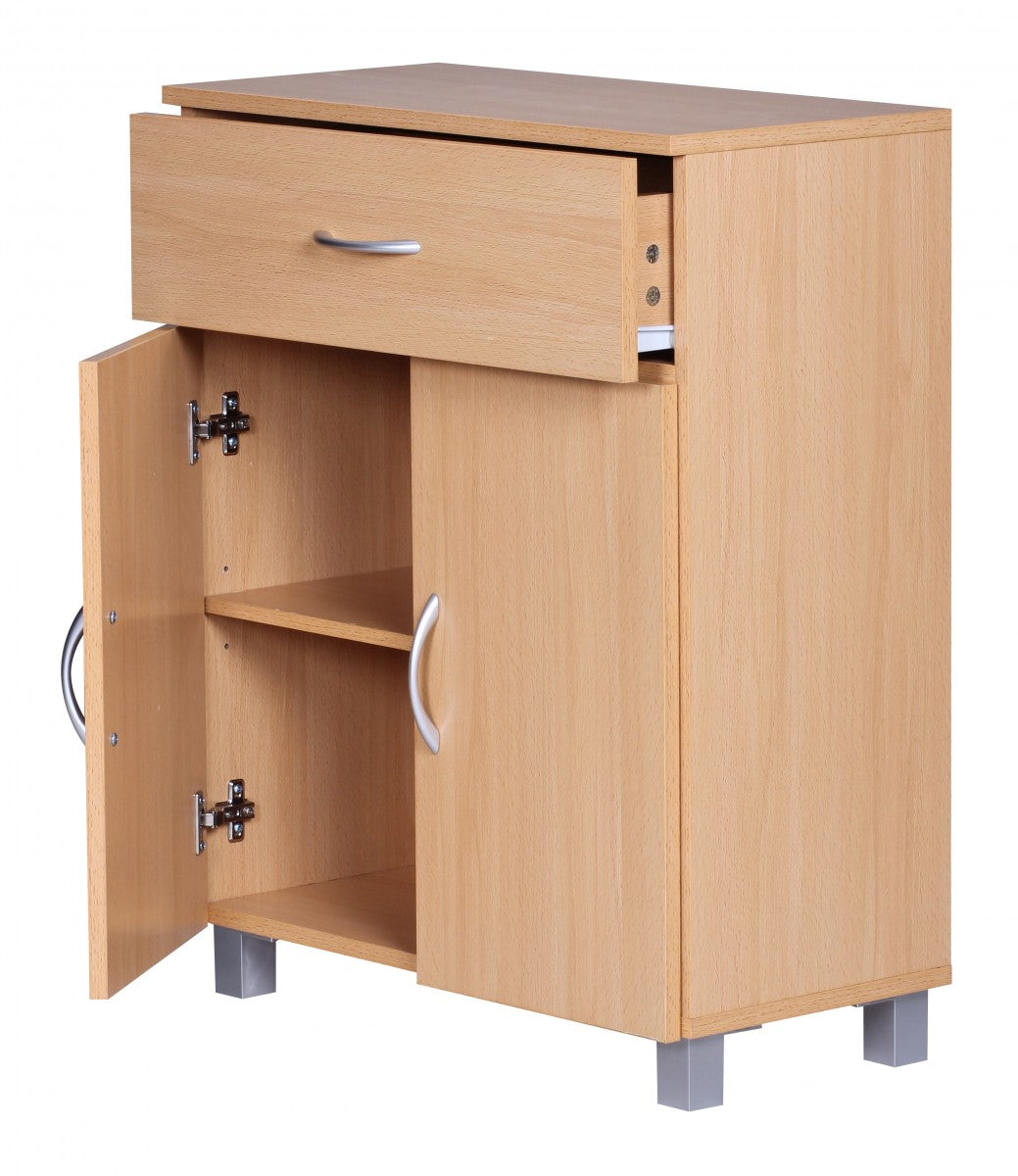 Sideboard Buche WL1.335 60 mal 75 mal 30cm Kommode mit Schublade und Tueren Kleine Moderne Anrichte Braun Design Holz Schrank Allzweckschrank mit Griffen Kleiner Flurschrank Schmal