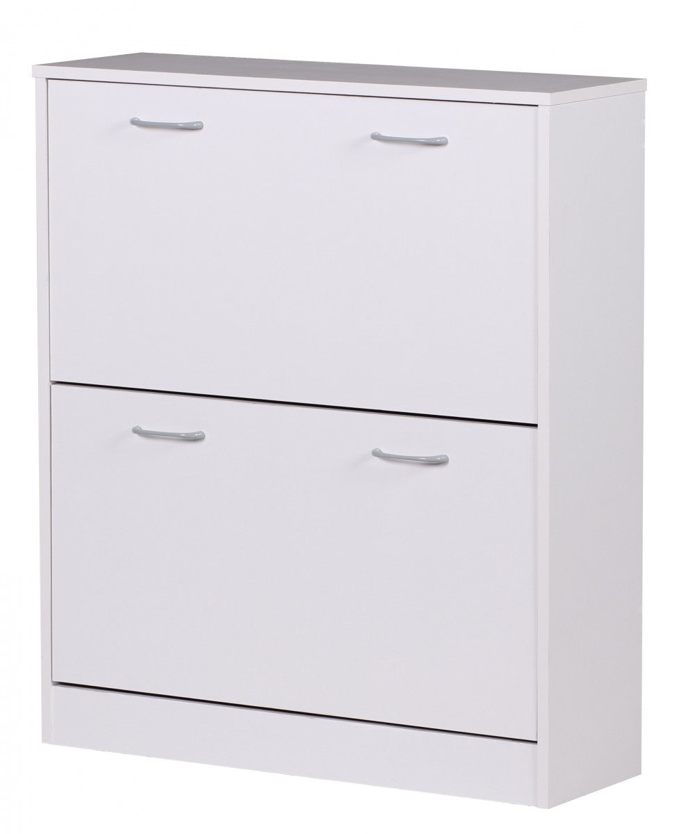 Schuhkipper KIEL Weiss matt 2 Faecher 75 mal 87 mal 24 cm Design Holz Schuhschrank zum klappen Schuhkommode modern mit Ablage