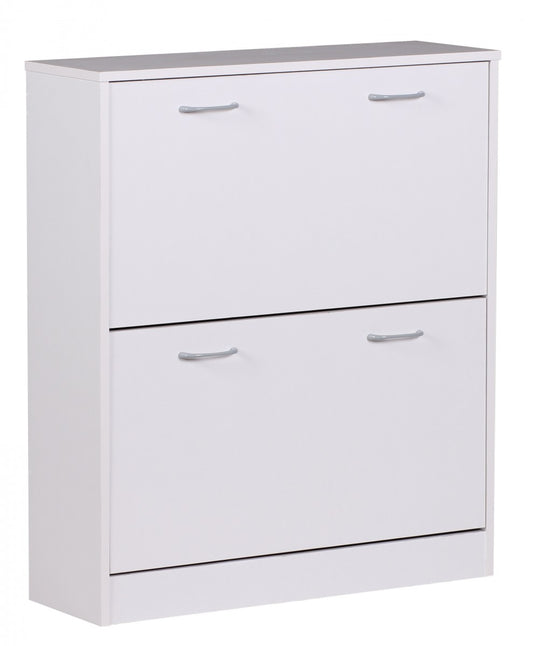 Schuhkipper KIEL Weiss matt 2 Faecher 75 mal 87 mal 24 cm Design Holz Schuhschrank zum klappen Schuhkommode modern mit Ablage